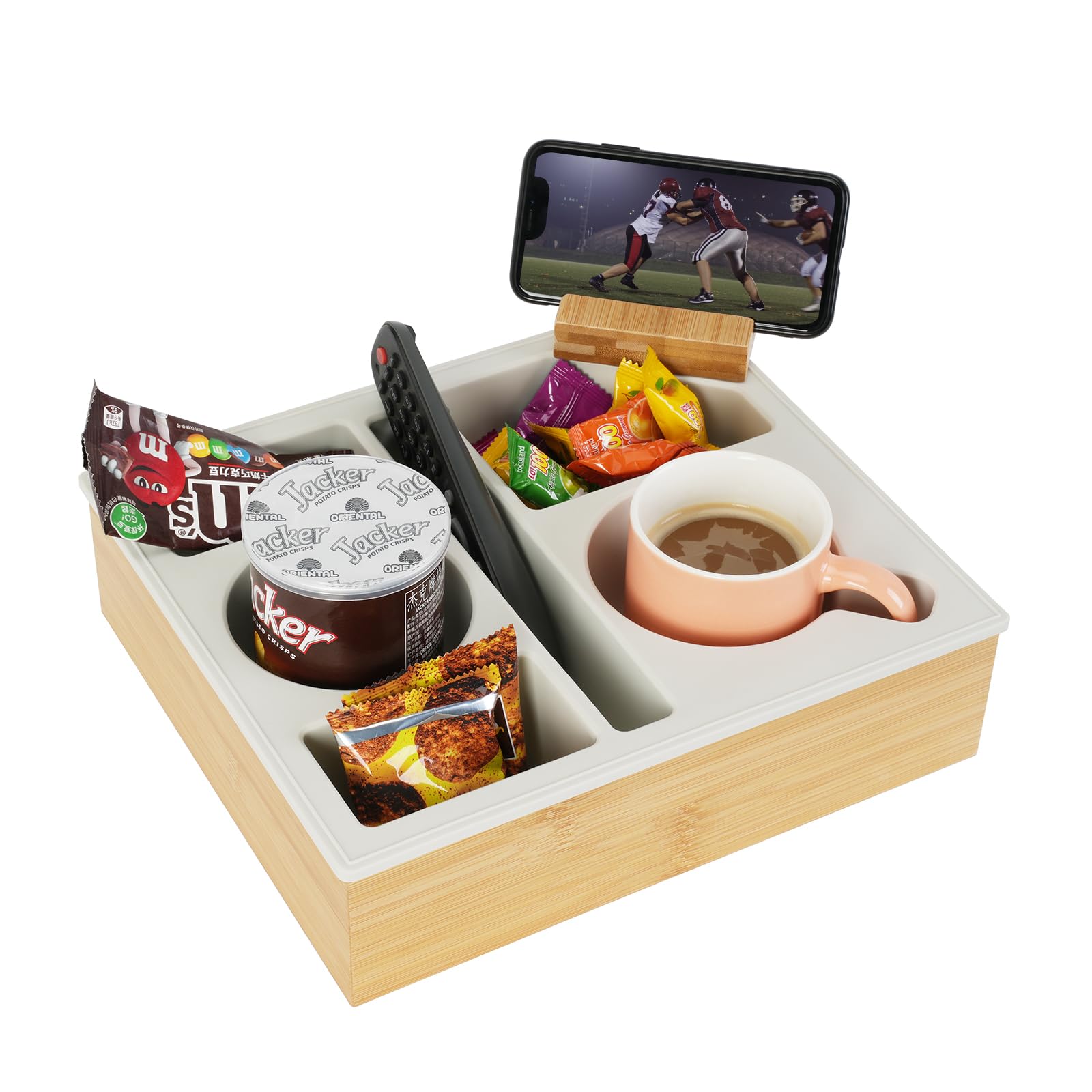 Hitseon Rotatable Silicone Bamboo Couch Cup Holder Tray - Waterproof Anti-Spill Sofa Caddy with Phone Holder for Bed, Car Seat & Living Room - Perfect for Snacks, Beverages & Remote Control (White) - Ideal for Movie Nights, Road Trips & Relaxing at Home
