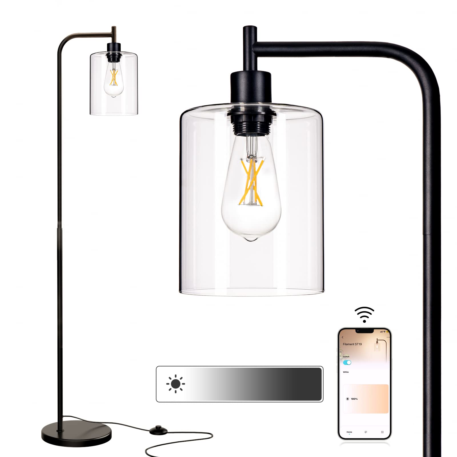 Addlon Industrial Dimmable LED Floor Lamp with Hanging Glass Shade - 2700K Warm White, 9W Energy Efficient Standing Light for Living Room, Bedroom, Office - Modern Black Pole Lamp for Cozy Reading & Ambient Lighting