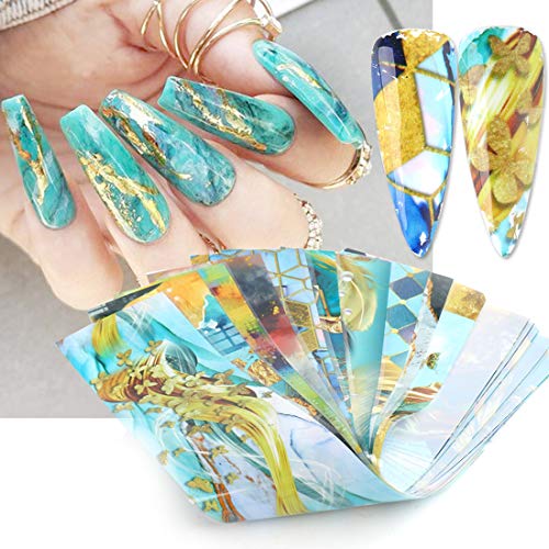 Premium Marble Nail Foils Kit - Golden Abstract Green Nail Art Transfer Decals with Glue | DIY Nail Designs for Salon, Home Manicure & Party Nail Decorations