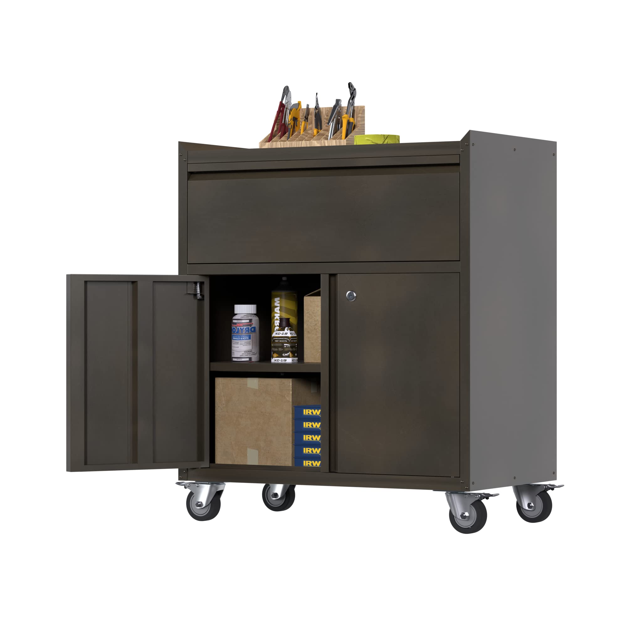 Vintage Metal Garage Cabinet with Wheels - Lockable Rolling Storage Cabinet for Tools & Organizer, 1 Drawer & 2 Doors (Assembly Required) - Perfect for Garage, Workshop, Basement & Home Storage Organization