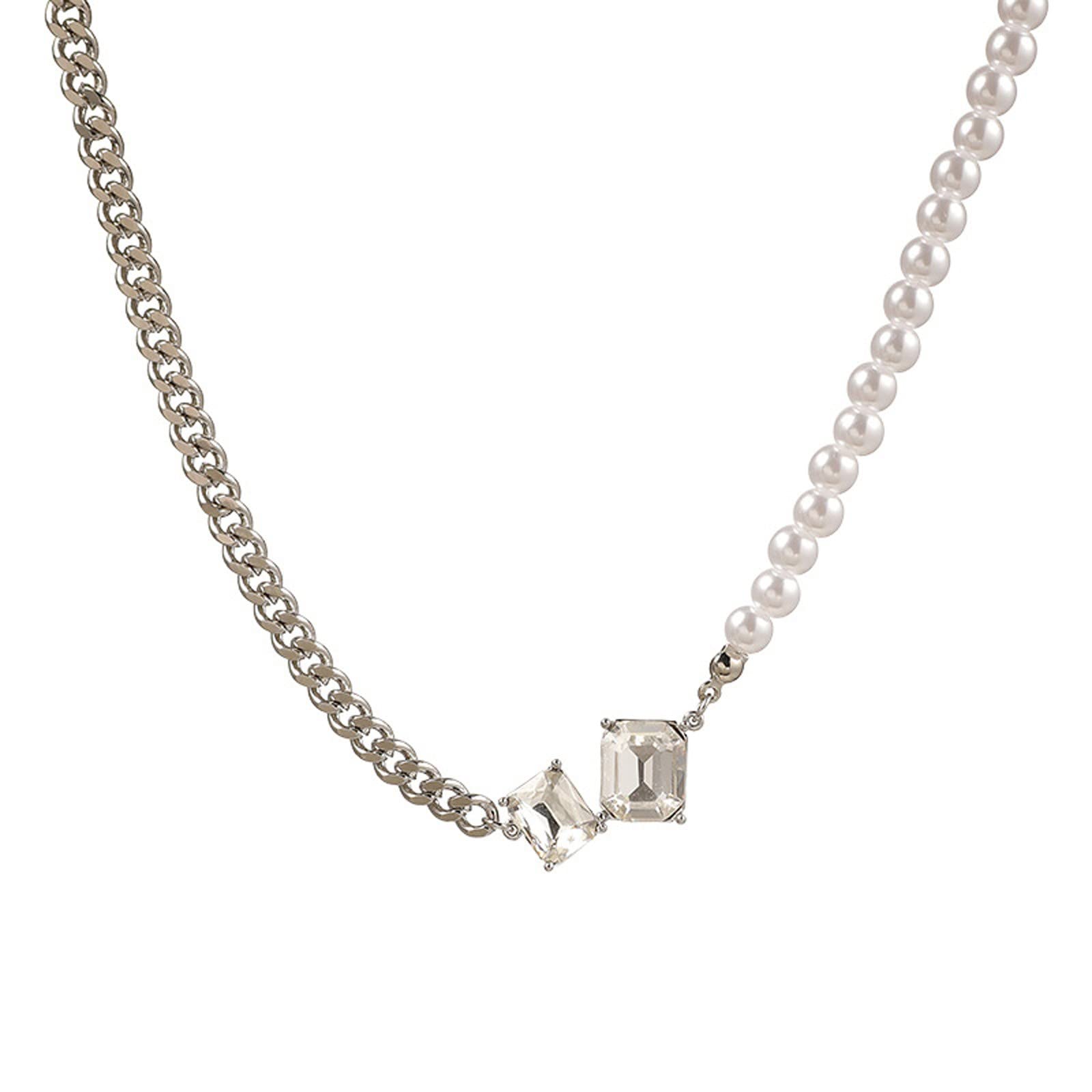 Elegant Simulated Diamond & Pearl Pendant Necklace for Women - Sterling Silver Clavicle Chain Statement Jewelry | Perfect for Weddings, Parties & Special Occasions