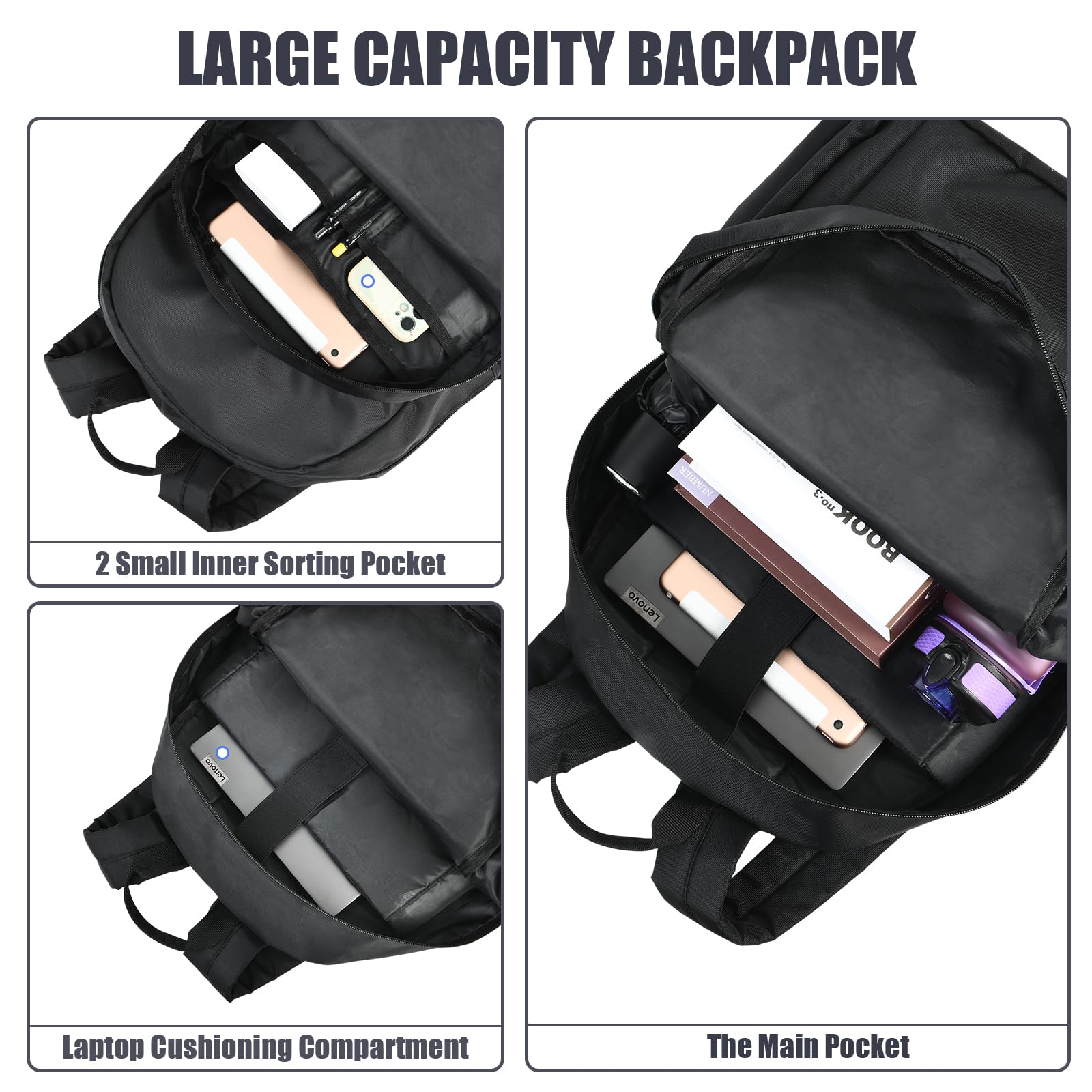Classic Water-Resistant Black Backpack for School, College, Travel & Work - Durable Laptop Bookbag for Men, Women & Students - Perfect for Commuting, Campus & Business Trips (Black)