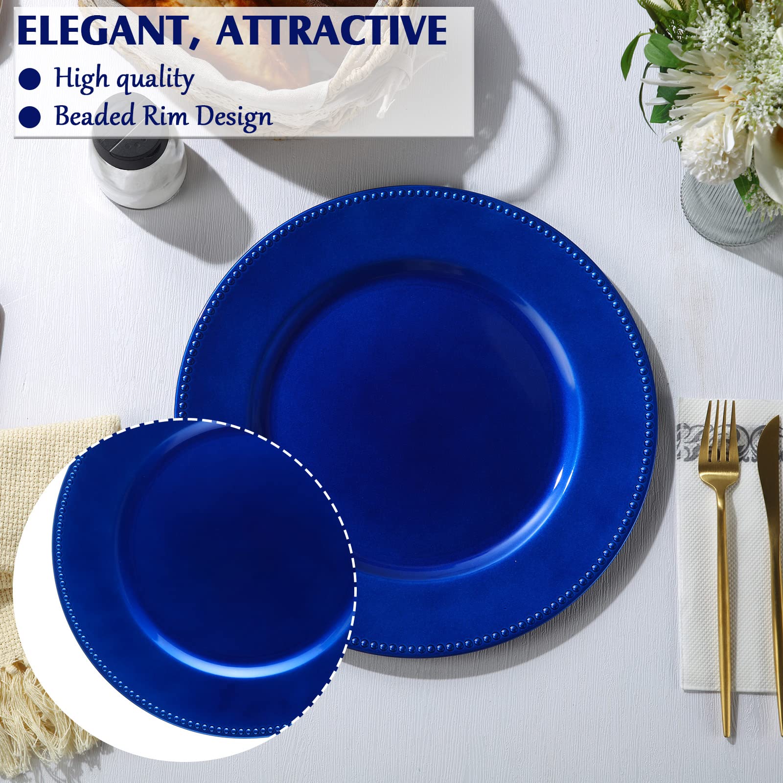 Gerrii 12-Pack 13-Inch Metallic Bead Charger Plates - Plastic Round Dinner Plates for Wedding, Party & Event Decor (Ocean Blue) | Elegant Table Setting for Formal Dinners, Bridal Showers & Holiday Celebrations