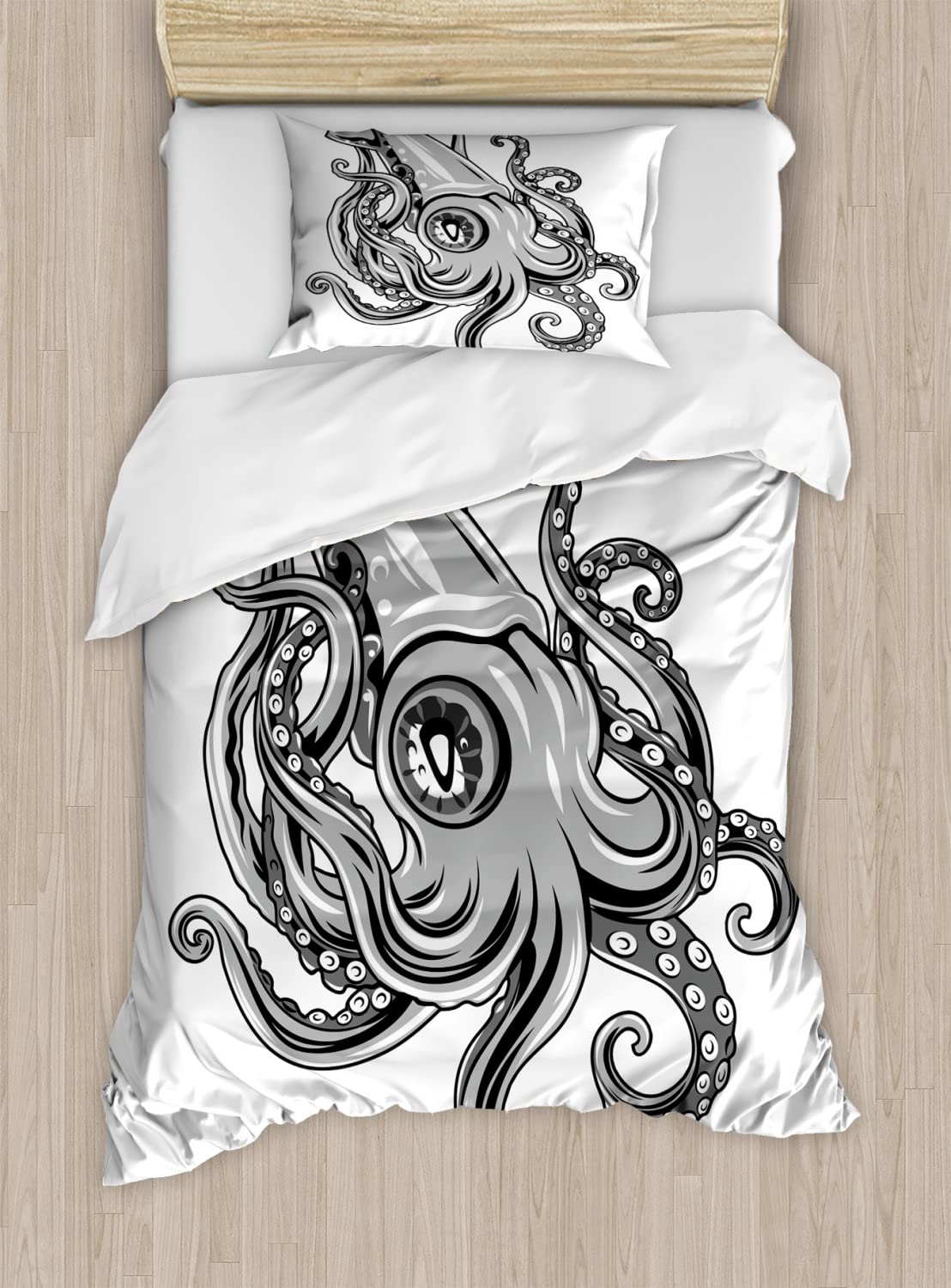 Ambesonne Kraken Duvet Cover Set - King Size Grey Ocean Theme Bedding with 2 Duvet Covers & 4 Pillowcases - Underwater Sea Creature Print for Coastal, Nautical or Fantasy Bedroom Decor - Perfect for Guest Rooms, Beach Houses and Marine Life Enthusiasts