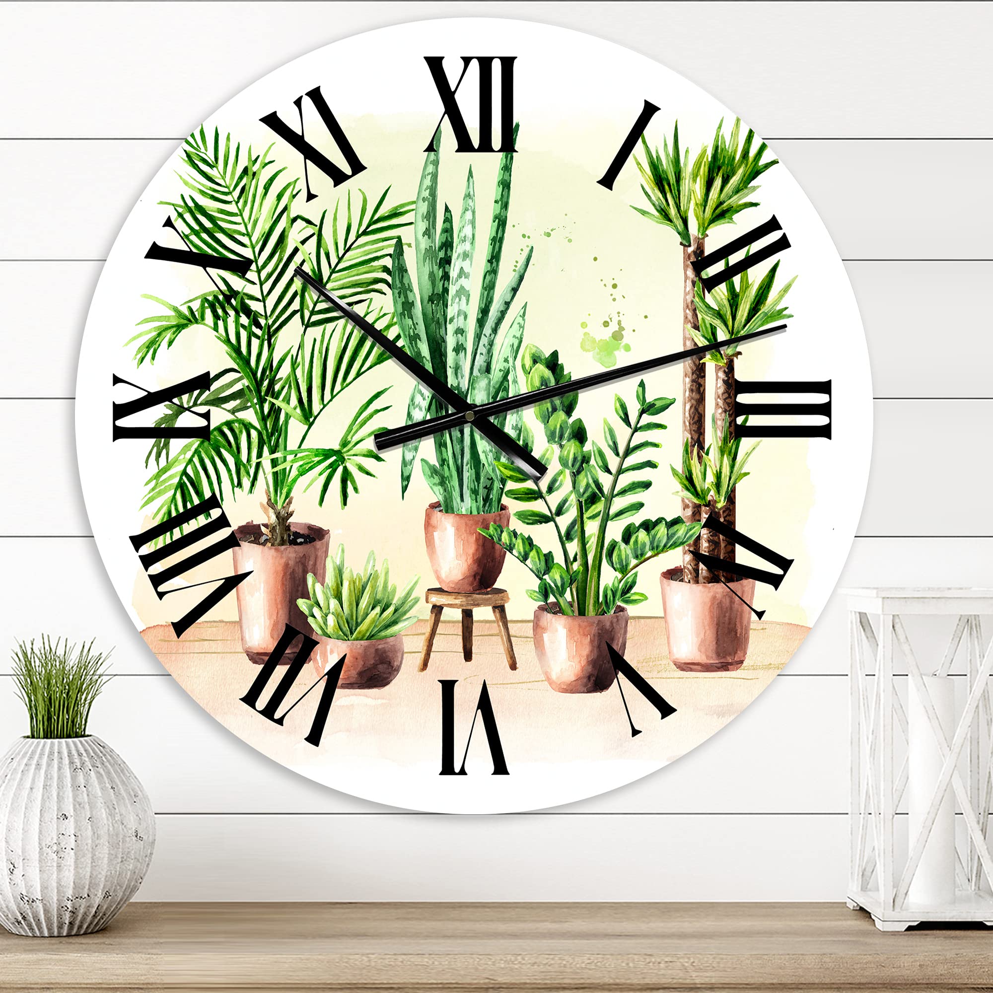 DesignQ Traditional Wall Clock - Large Indoor Green Home House Plants Floral & Botanical Wall Clock for Living Room Decor | Perfect for Farmhouse, Bedroom & Office Wall Décor