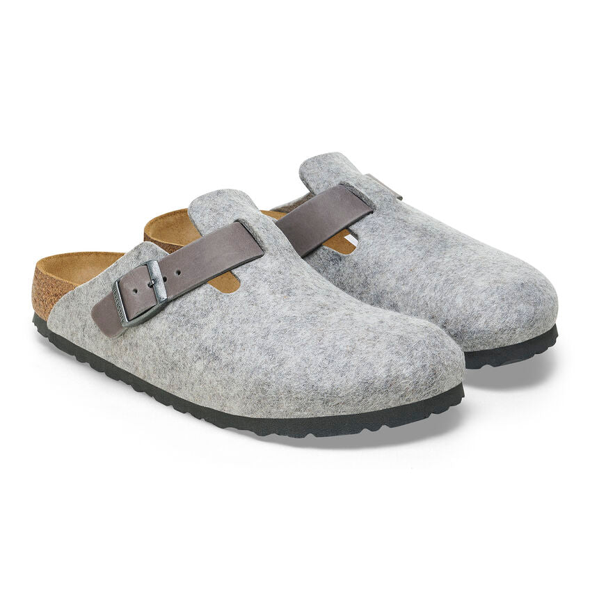 Birkenstock Boston Clogs for Women & Men - Light Grey Natural Leather & Felt Comfortable Slip-On Shoes | Perfect for Home, Office & Casual Wear