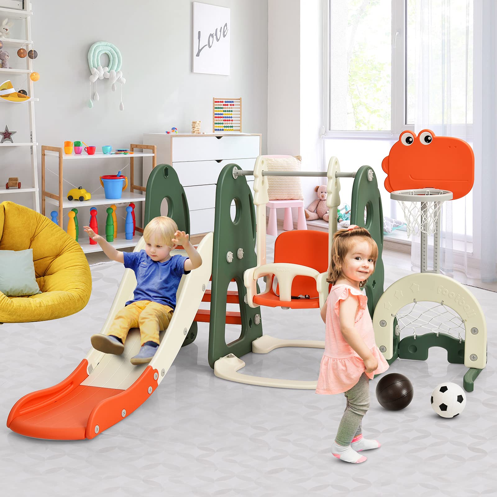 Costzon 6-in-1 Toddler Slide & Swing Set - Large Kids Climber Playset with Basketball Hoop, Soccer Goal & Golf Hole - Indoor/Outdoor Backyard Playground Equipment for Ages 2-12 - Perfect Birthday & Holiday Gift for Active Children (Great for Backyards, Parks & Daycare Centers)