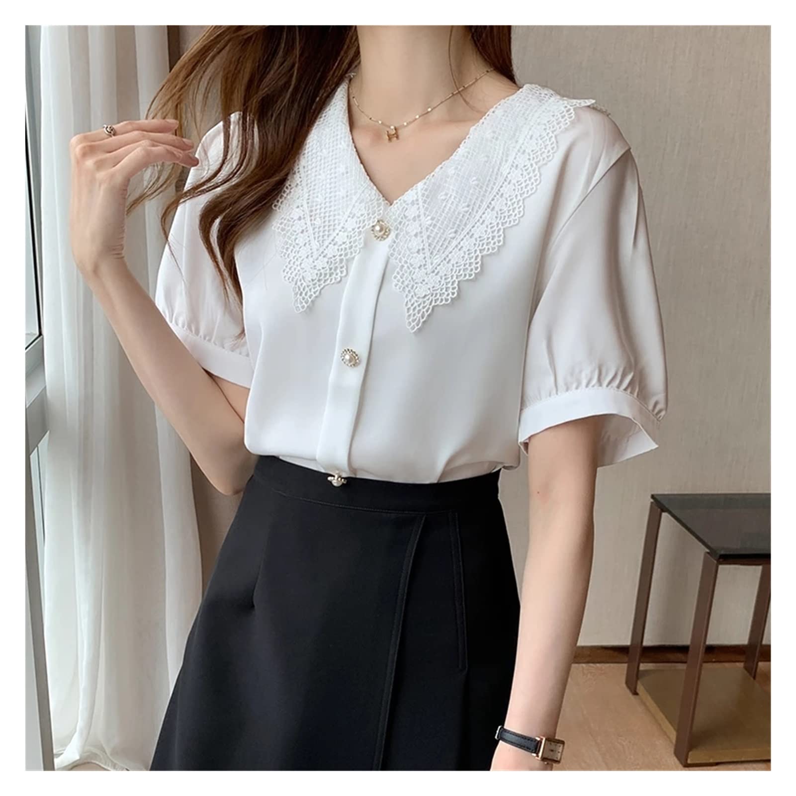 WALNUTA Women's Summer Lace Blouse with Doll Collar - Flowy Chiffon Top for Women | Perfect for Office Wear, Date Night & Casual Outfits