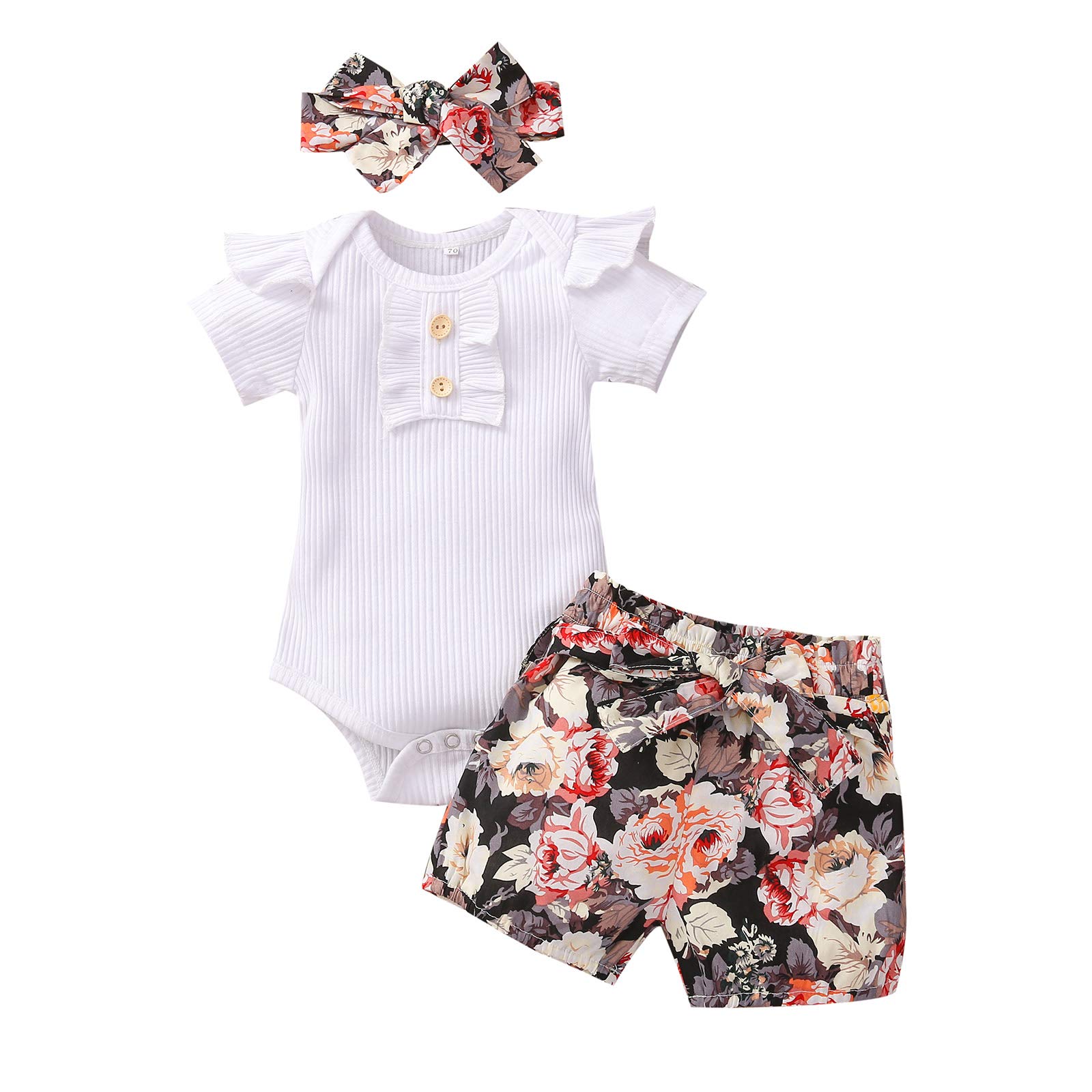 Chyrbaby Baby Girl Clothes Set - Newborn Ruffle Romper & Floral Pants Outfit with Headband | Soft Ribbed Bodysuit for Infant Girls 0-24 Months | Perfect for Photoshoots, Parties & Daily Wear