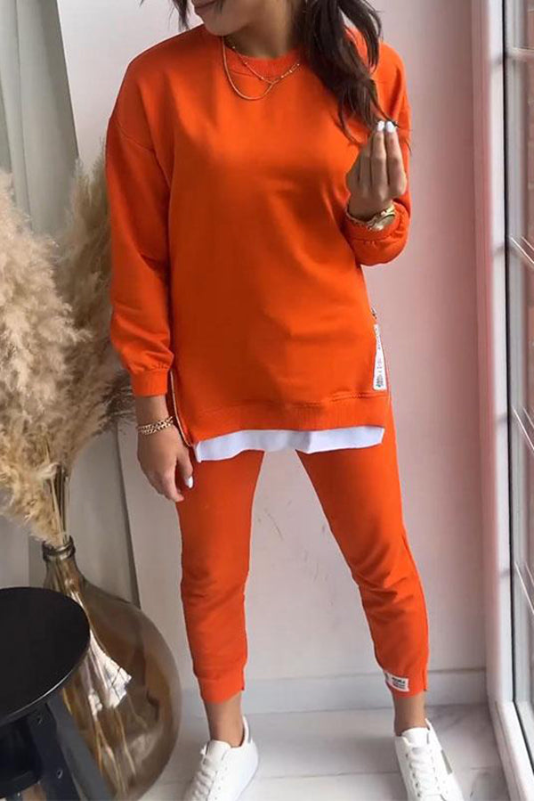 Solid Color Round Neck Long Sleeve Sweatshirt & Elastic Waist Pants Set - Women's Casual Loungewear for Home, Yoga, and Everyday Wear