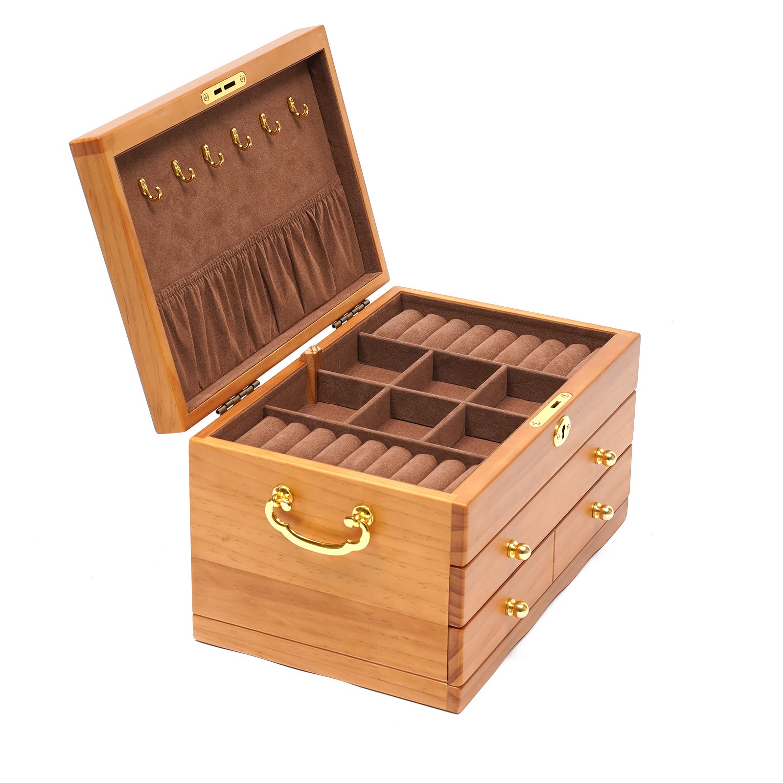 3 Layer Wooden Jewelry Storage Box with 3 Drawers - Organizer for Earrings, Necklaces, Bracelets, Rings & Pendants - Portable Travel Jewelry Case for Women - Perfect for Home, Office & Vacation Use