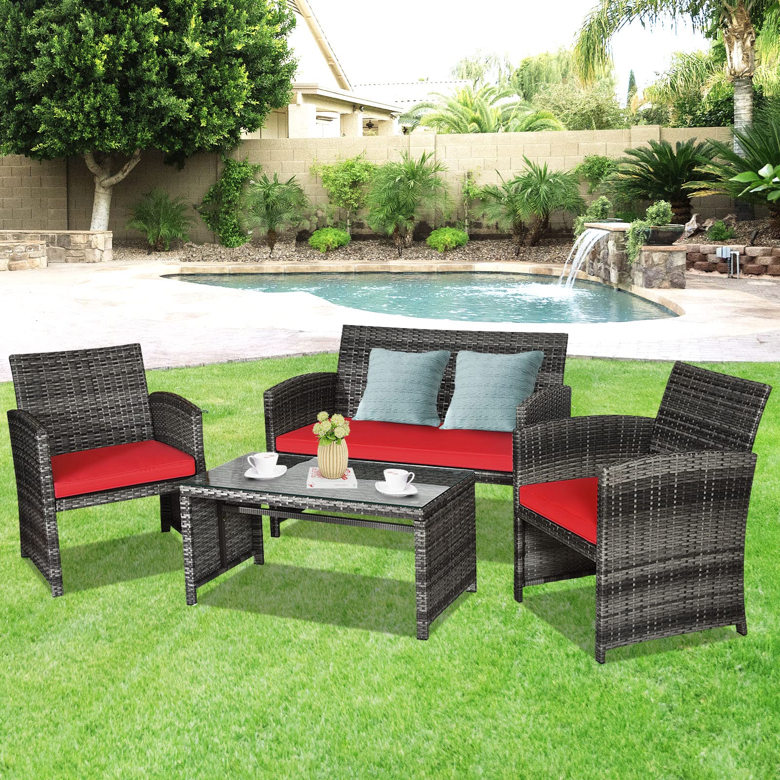 Goplus 4-Piece Rattan Patio Furniture Set - Outdoor Wicker Conversation Sofa with Weather-Resistant Cushions & Tempered Glass Tabletop - Perfect for Lawn, Backyard, Poolside, Garden, or Patio (Red)