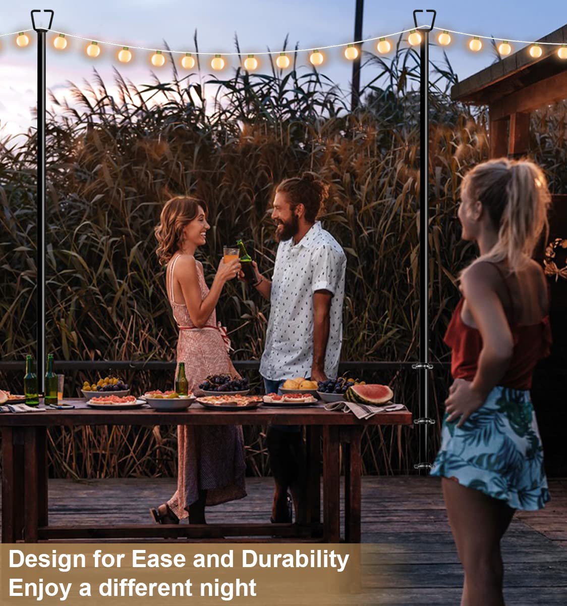 Queension 10FT Outdoor String Light Poles (2 Pack) - Heavy Duty Garden, Backyard & Patio Lighting Stand for Parties, Weddings, Bistro & Cafe Decor - Perfect for Creating Ambient Lighting in Outdoor Spaces