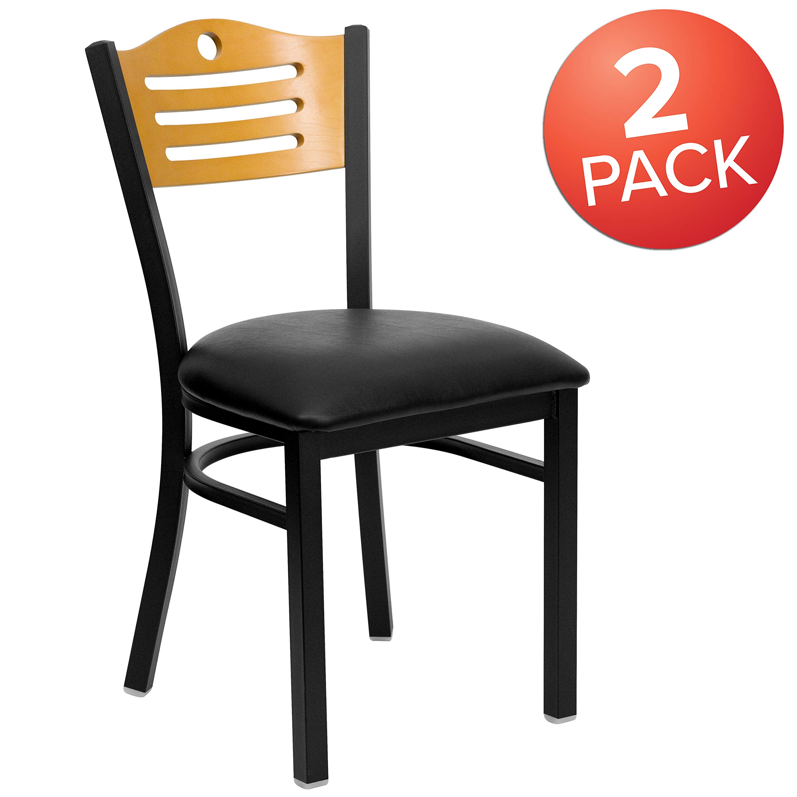 2 Pack Black Slat Back Metal Restaurant Chairs - Natural Wood Back, Black Vinyl Seat - Durable Commercial Dining Chairs for Cafes, Bistros, and Home Kitchens