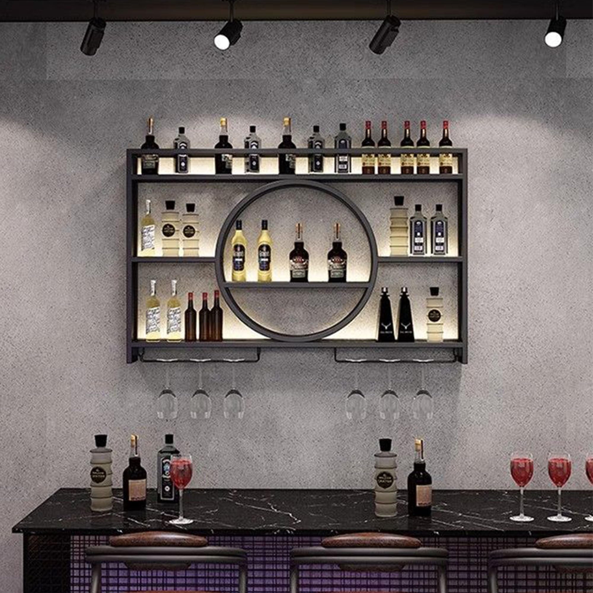Wall Mounted Wine Rack with LED Lights - Floating Bar Shelves for Liquor Bottles & Wine Glass Storage - Modern Home Bar Cabinet for Kitchen, Dining Room, Living Room - Perfect for Entertaining Guests & Displaying Your Wine Collection