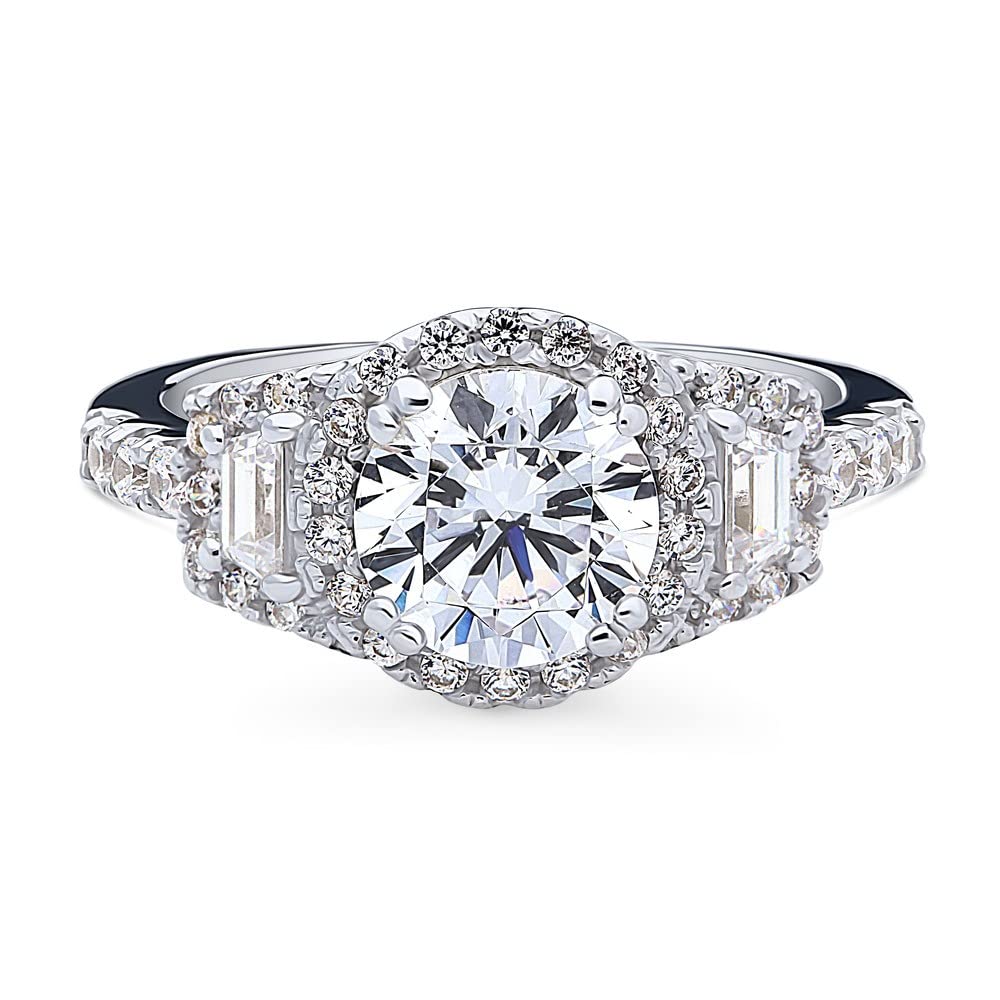 BERRICLE Sterling Silver 3-Stone Wedding & Engagement Ring - 1.6ct Round Cut Cubic Zirconia CZ Halo Ring for Women - Rhodium Plated Size 4-10 - Perfect for Proposals, Anniversaries & Special Occasions
