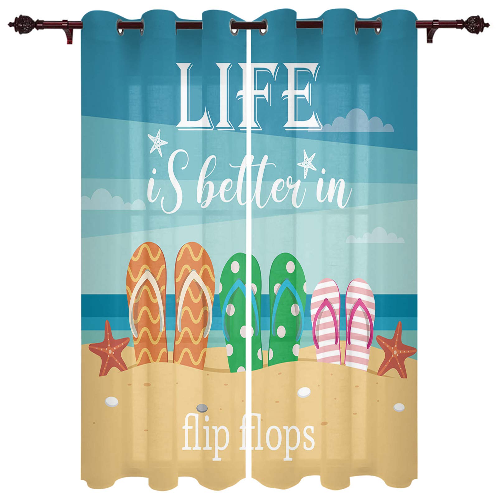 Window Curtain Cartoon Flip Flops Nautical Ocean Home Decor Grommet Draperies 2 Panels Set for Living Room Bedroom Starfish Beach - Perfect for Coastal, Beach House, and Vacation Home Themes