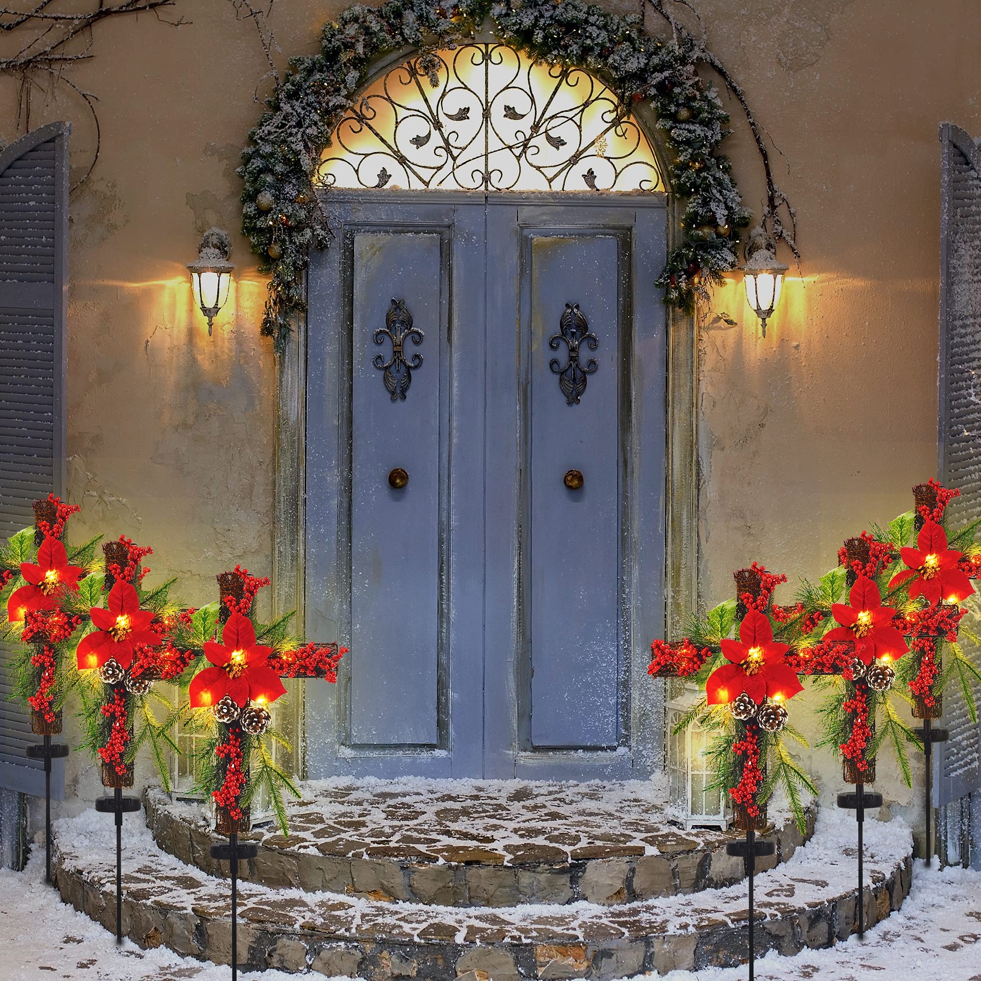 Outdoor Solar Christmas Decorations LED Lights - Waterproof Cross Stake for Garden, Lawn, Yard & Cemetery - Set of 2 with Faux Pine Cones & Foliage - Perfect for Holiday Grave Decorations & Festive Outdoor Lighting