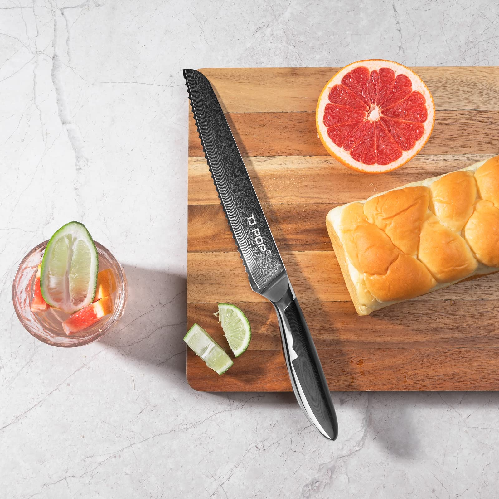 TJ POP Damascus 8-Inch Professional Bread Knife - Ultra Sharp Serrated Blade, Japanese VG-10 Steel, Full-Tang Design with Non-Slip G10 Handle - Perfect for Slicing Bread, Pastries, and Baked Goods