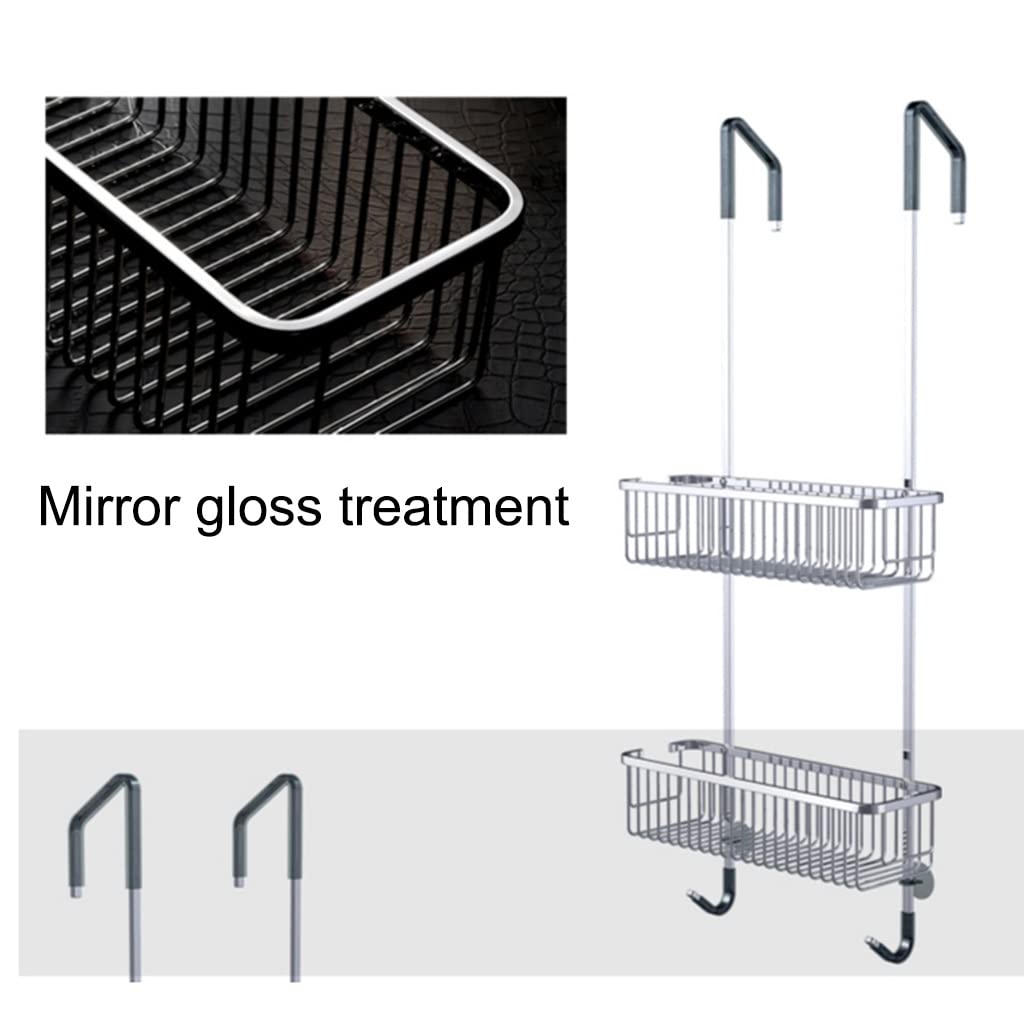 Stainless Steel Over Shower Door Organizer - 2-Tier Hanging Bathroom Storage Caddy with Built-in Hooks & Baskets for Shampoo, Body Wash, Soap (26.5 x 88cm, Silver) - Perfect for Small Bathrooms & Apartment Showers