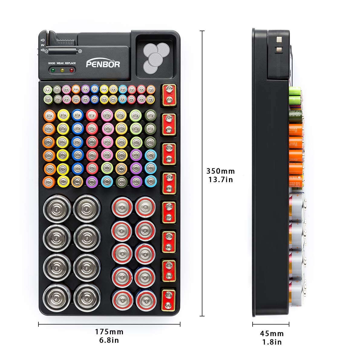 Portable Battery Organizer Storage Case with Wall-Mounted Design - Holds 110 Batteries (AAA, AA, 9V, C, D & Button Cells) - Includes Battery Tester & Perfect-Size Slots - Ideal for Home, Office & Garage Organization