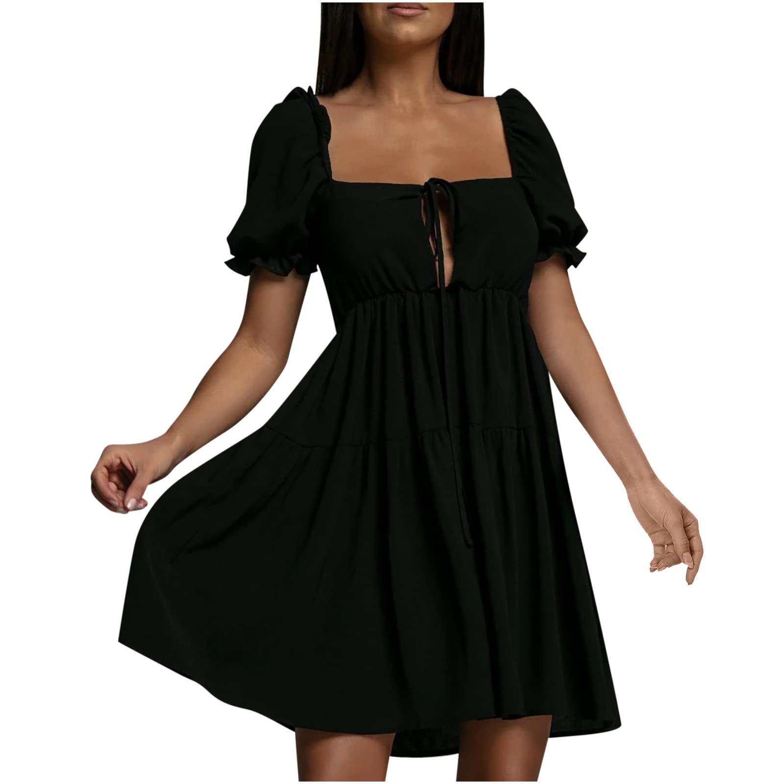 MELDVDIB Women's Wrap Mini Pleated Dress - Puff Short Sleeve Square Neck Summer Cocktail Dress for Club, Party & Beach Vacation | Flirty A-Line Outfit for Date Night & Girls Night Out