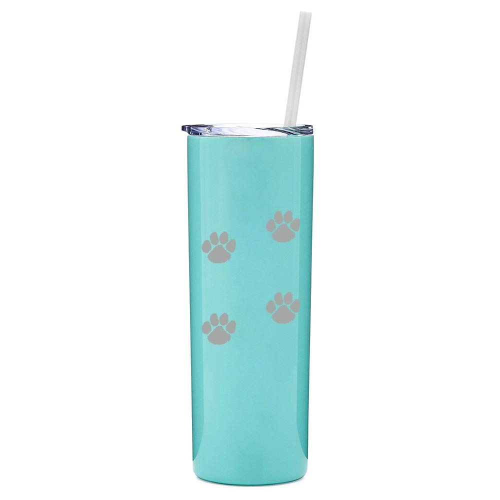 20 oz Skinny Tall Stainless Steel Vacuum Insulated Tumbler with Straw - Leakproof Travel Mug for Coffee & Tea - Paw Print Design (Light Blue) - Perfect for Office, Gym, Hiking & Outdoor Activities