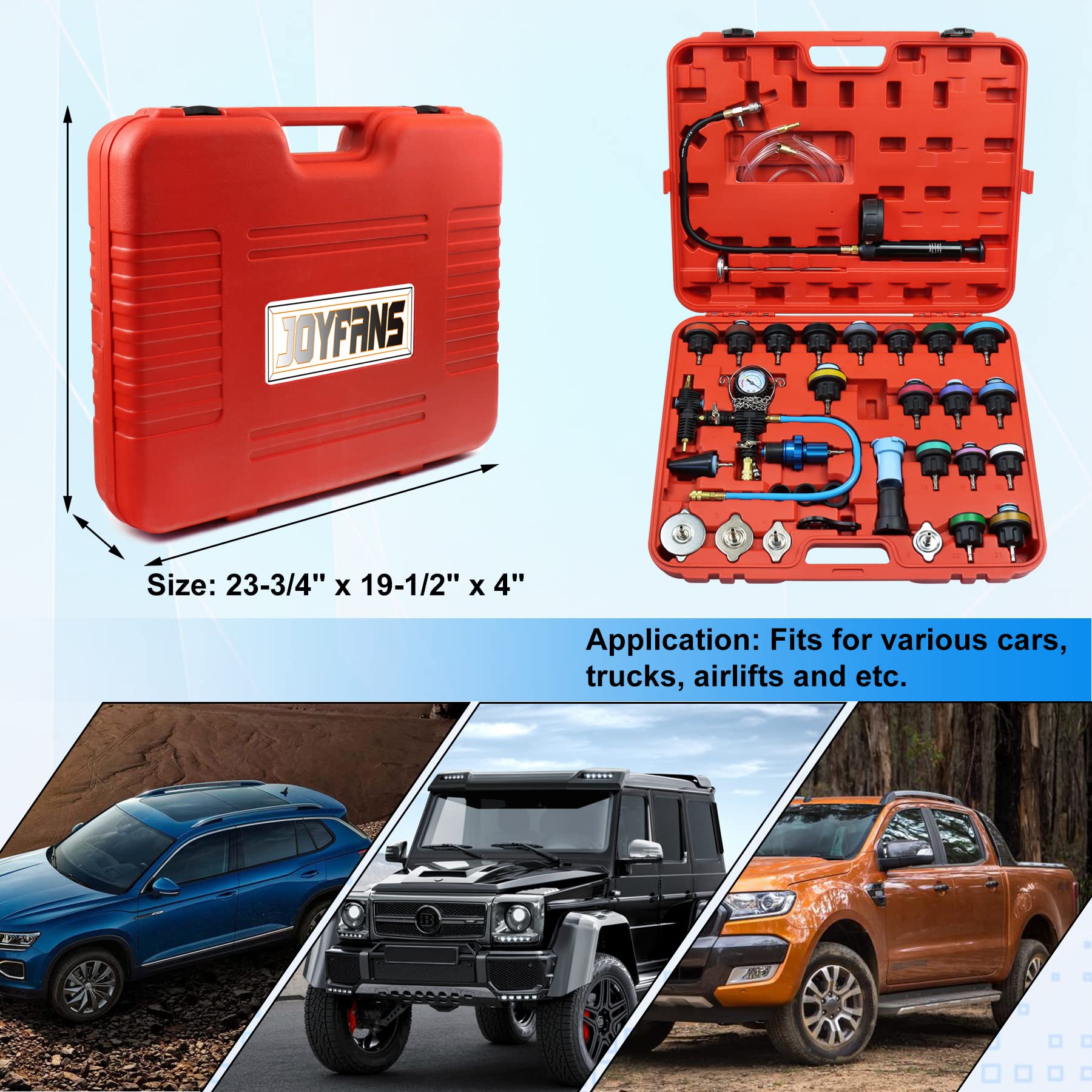 JoyFans 33Pcs Automotive Radiator Pressure Tester Kit - Cooling System Pneumatic Vacuum Tool with Pressure Gauge & Universal Adapters for Most Cars & Trucks | Professional Coolant Refill & Leak Detection | Perfect for DIY Mechanics & Auto Repair Shops