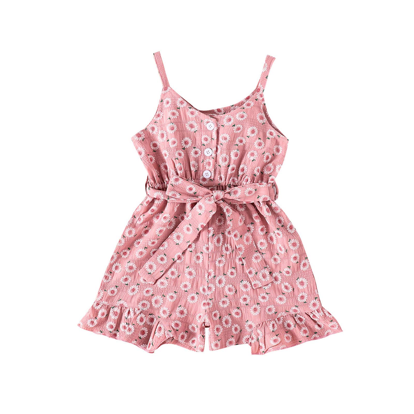 Toddler Baby Girls Summer Outfit - Pink Floral Sleeveless Romper Jumpsuit with Belt | Cute Playtime & Photo Shoot Dress for 1-3 Year Olds