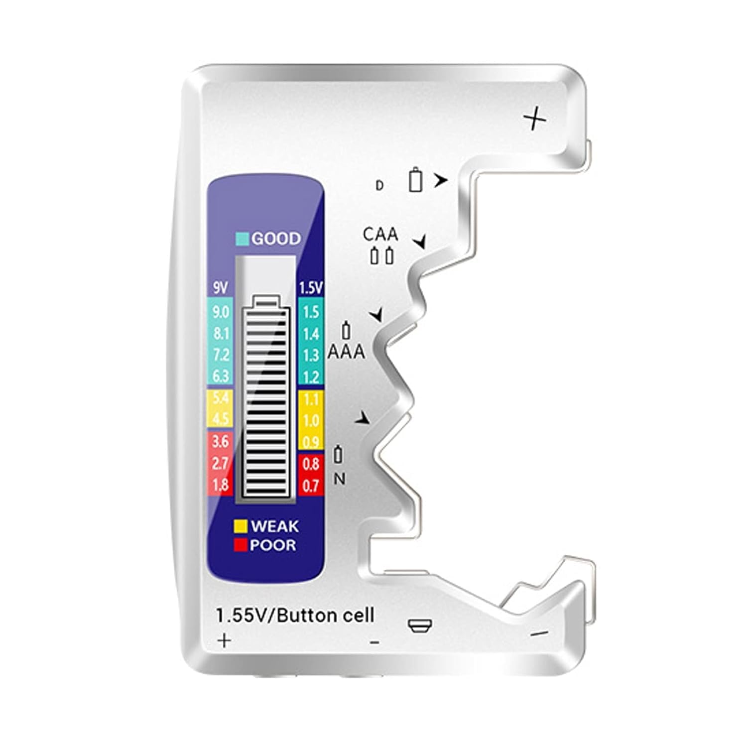 Silver Battery Tester for AAA AA C D 9V N 1.55V Button Cells - LCD Display Power Indicator (No Batteries Required) - Essential Electrical Equipment for Home Improvement & DIY Projects - Perfect for Testing Household Batteries, Toys, Remote Controls & Electronic Devices