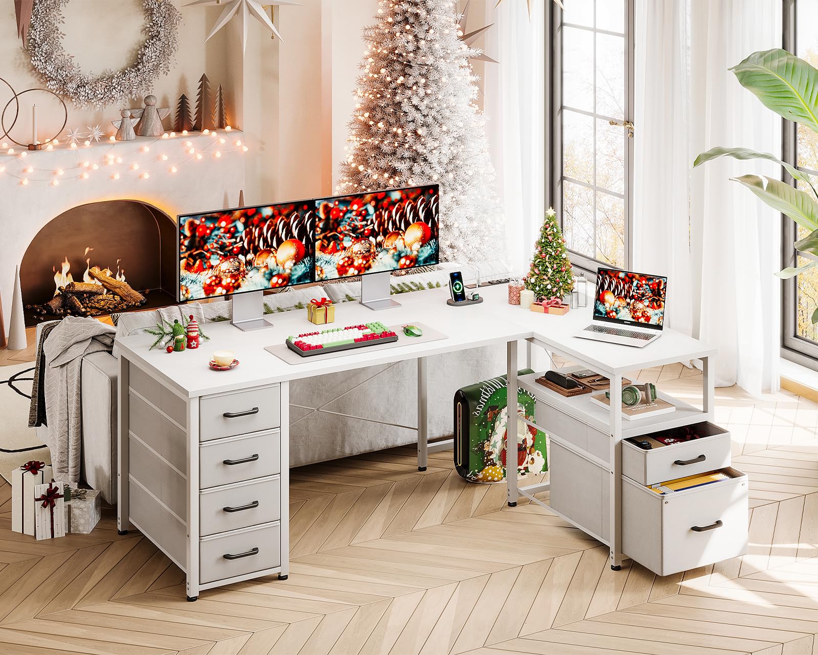 Coleshome 55 Inch L-Shaped Computer Desk with 6 Drawers, Power Outlet & Reversible Storage Shelf - Home Office Corner Desk with File Drawer in White | Perfect for Small Spaces, Gaming Setup & Remote Work