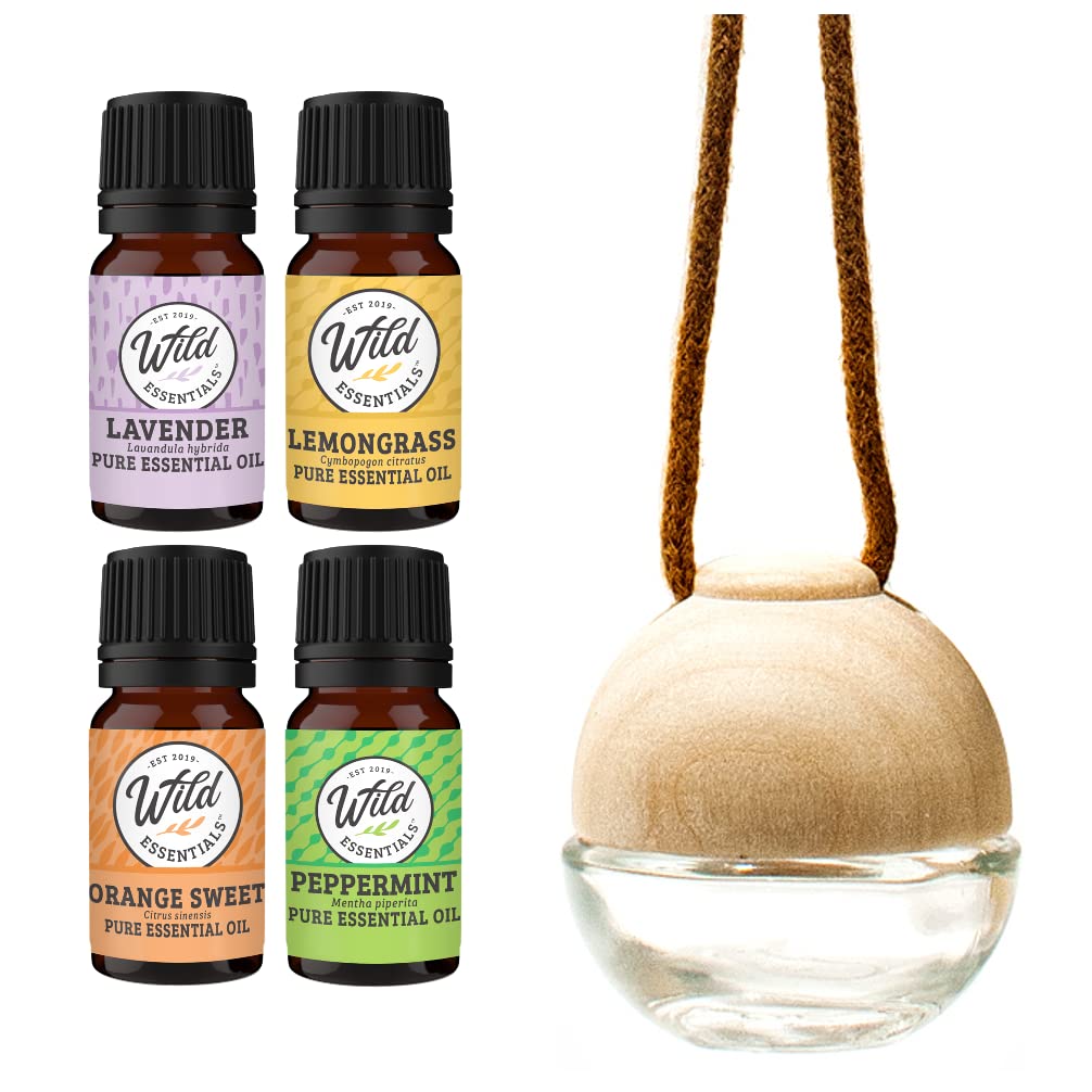 Wild Essentials Glass & Wood Hanging Aromatherapy Diffuser Starter Kit with 4 Pure Essential Oils (Lavender, Lemongrass, Sweet Orange, Peppermint) - Perfect for Home Relaxation, Yoga & Meditation Spaces