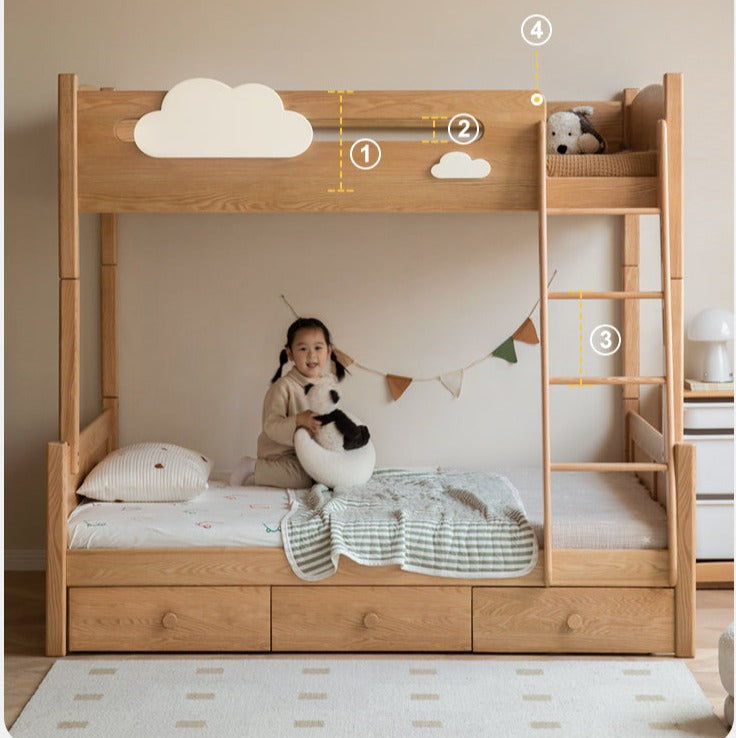 Solid Oak Wood Multi-Functional Bunk Bed with Ladder & Guardrails - Space-Saving Kids Bedroom Furniture for Siblings or Sleepovers