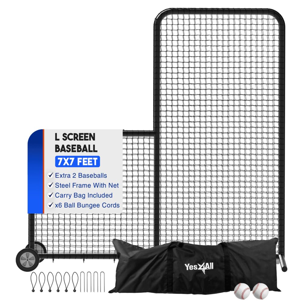 Yes4All 7x7ft Portable L-Screen Baseball Net with 2 Baseballs & Rubber Wheels - Double Layer Protective Pitching Screen for Batting Practice, Training, Games - Includes Carry Bag for Easy Transport