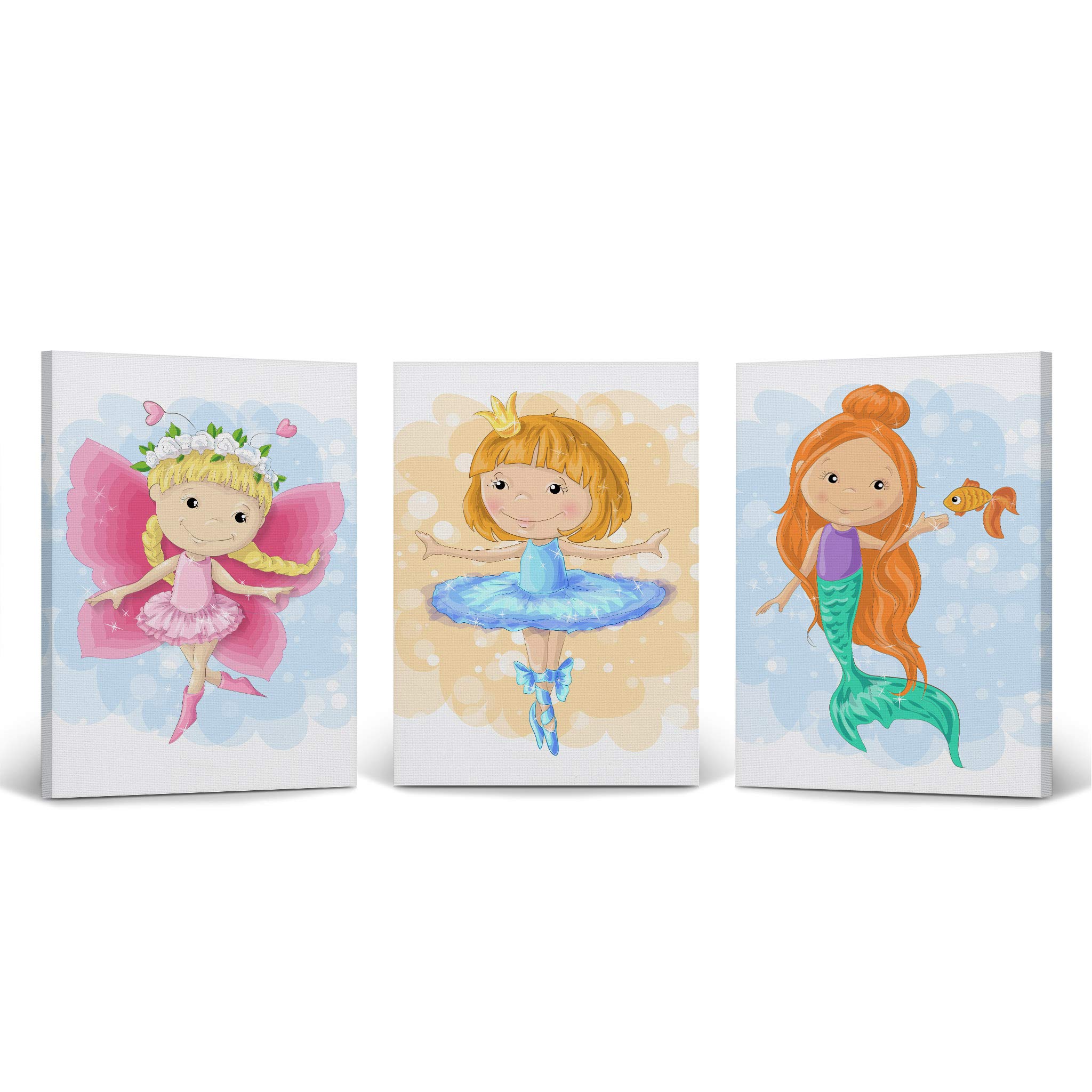 Smile Art Design Cute Fairy Ballerina Mermaid Canvas Wall Art Set - 3 Panel Nursery Decor for Kids Room, Baby Girl Bedroom (40x30 Inches, Rolled Canvas, Made in USA) - Perfect for Children's Bedroom, Playroom & Nursery Wall Decoration