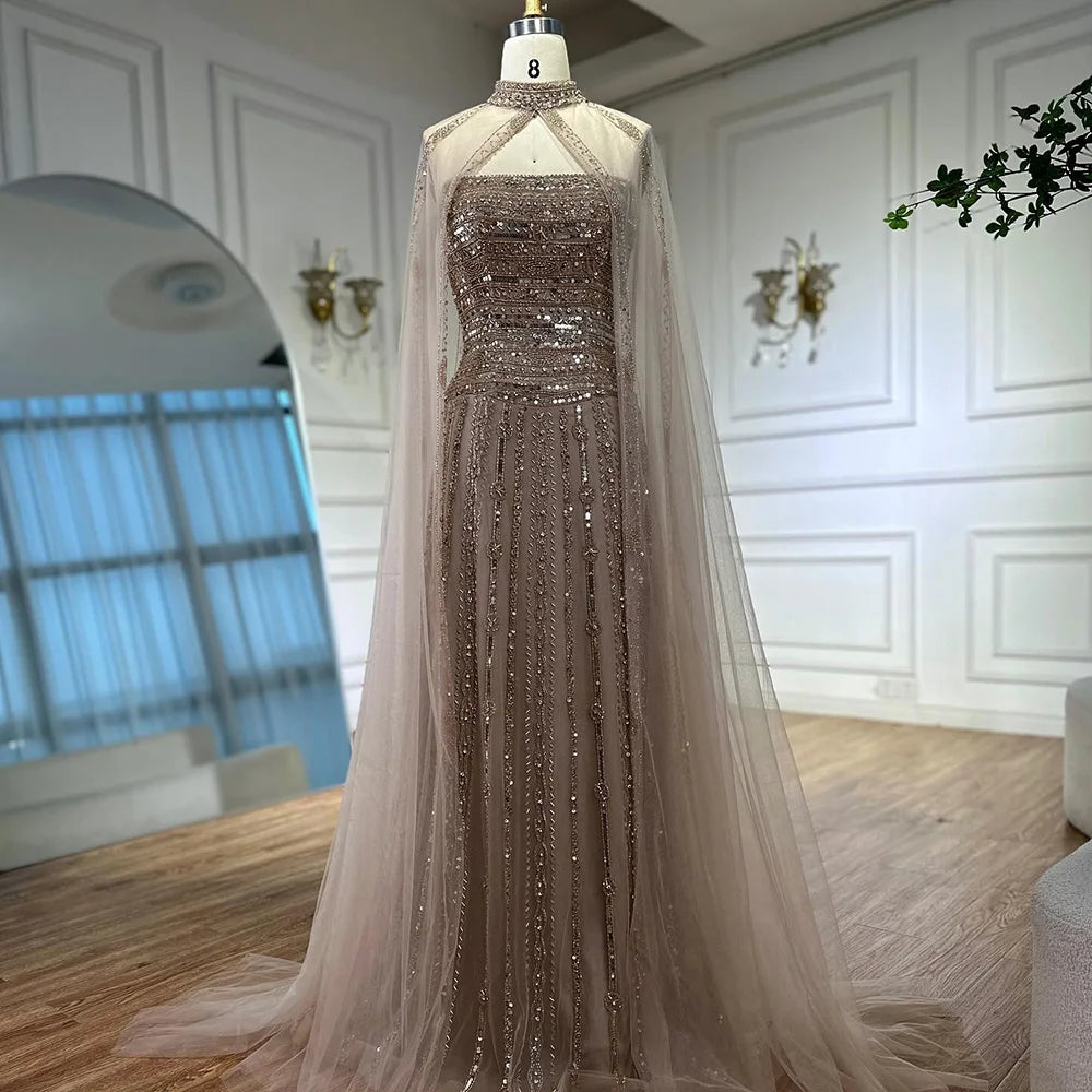 Elegant Beaded A-Line Evening Gown with Caramel Color - Perfect for Dubai Parties, Red Carpet Events & Formal Occasions | Style LA72873