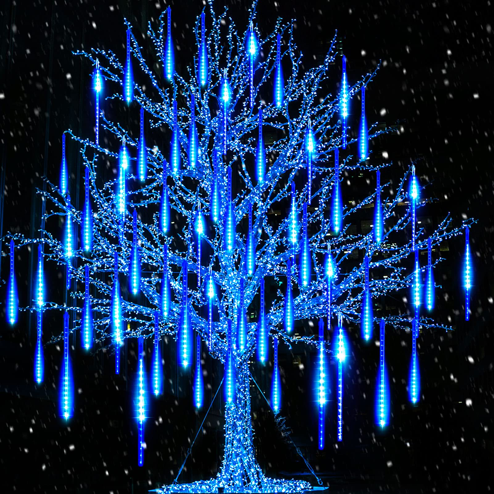 Minetom 240 LED Meteor Shower Christmas Lights Outdoor - 10 Connectable 11.8 Inch Dropping Icicle Lights for Holiday Decorations (Blue) - Perfect for Trees, Bushes, Roofs and Winter Wedding Decor