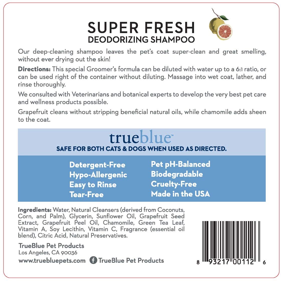 TrueBlue Grapefruit & Chamomile Concentrated Dog Shampoo – Natural Deodorizing & Moisturizing Pet Wash | Toxin-Free, Tearless Formula with Botanical Blend (1 Gallon) – Perfect for Bathing, Grooming & Odor Control