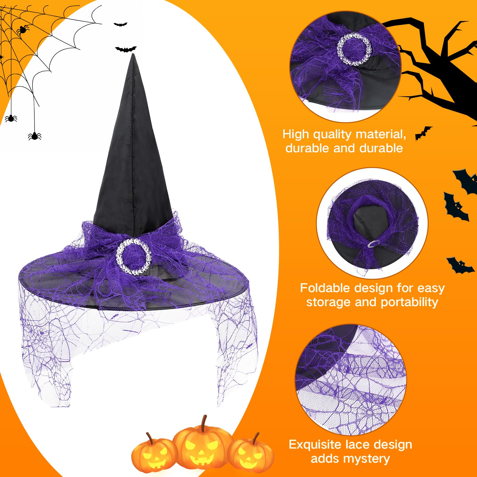 Kids Witch Hat Halloween Costume - Lace Witch Hat for Boys & Girls | American Trends Halloween Party & Cosplay Accessories | Perfect for Trick-or-Treating, Costume Parties & Witch-Themed Decor