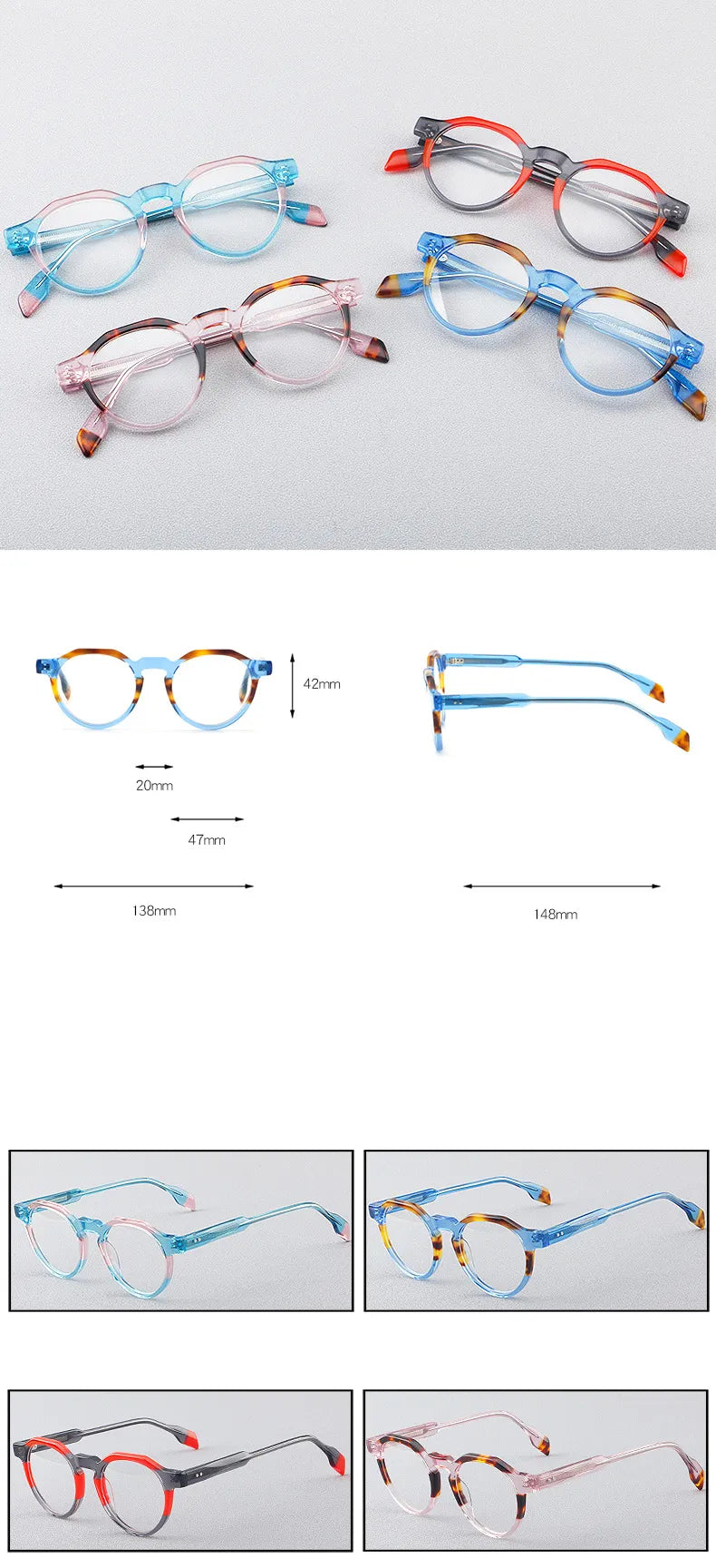 CCspace Women's Full Rim Flat Top Round Acetate Eyeglasses 56910 - Stylish Retro Frames for Reading, Work & Everyday Fashion