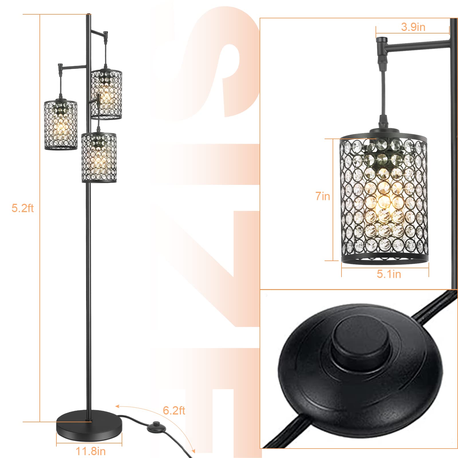 EE Eleven Master Modern 3-Light Tree Floor Lamp - Crystal Standing Lamp with On/Off Switch - Elegant Black Pole Light for Living Room, Bedroom, Office & Hotel - Perfect for Ambient Lighting and Home Decor