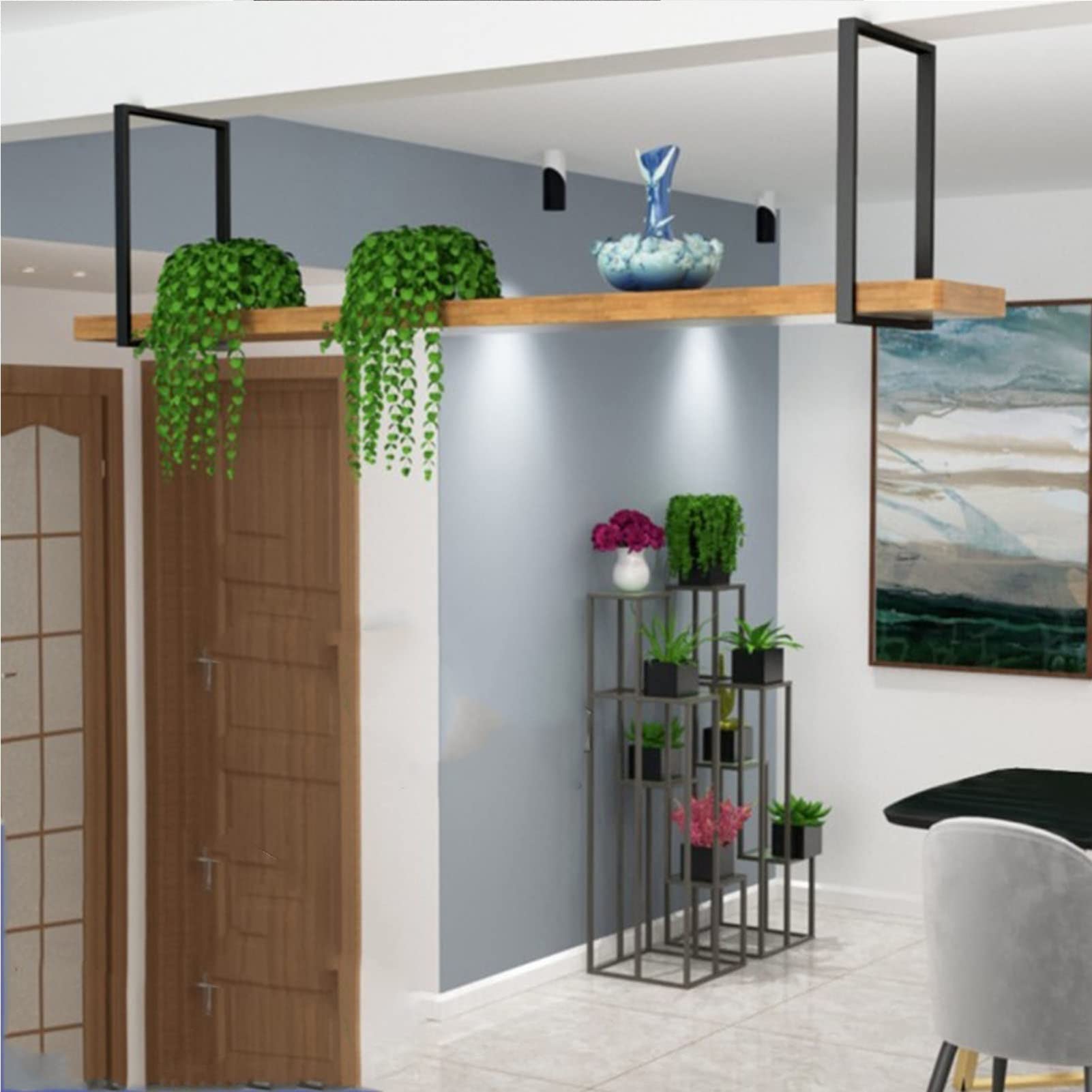 Nordic Style Ceiling Hanging Shelf - 2cm Solid Wood Floating Plant Rack & Wine Storage, Iron Art Decor for Kitchen, Bar, Living Room, Dining Room (120x30x50cm) - Perfect for Small Space Organization & Home Decor