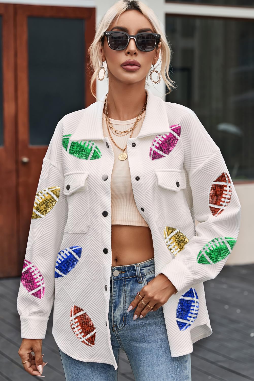 Beige Sequin Rugby Football Textured Knit Collared Shirt Jacket for Women - Perfect Game Day Outfit for Sports Events and Casual Wear