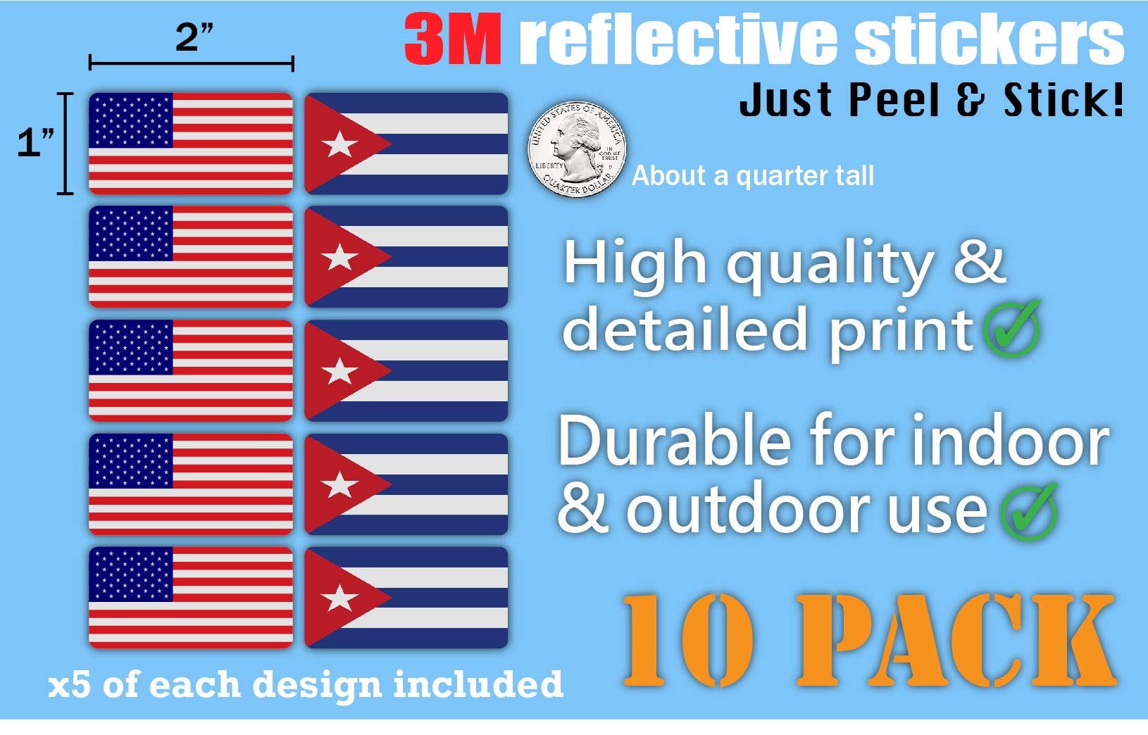 3M Reflective Cuba & US Flag Stickers (10-Pack) - High Visibility Safety Decals for Hard Hats, Laptops, Bikes & Toolboxes - Perfect for Night Safety, Work Gear & Patriotic Decor