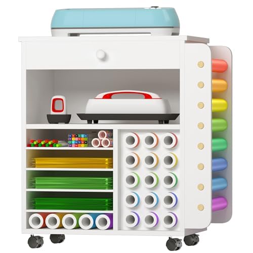 Cricut Compatible Craft Storage Cart with Vinyl Roll Holder & Drawers - Rolling Craft Organization Cabinet & Workstation for DIY Projects, Scrapbooking & Home Craft Room Organization