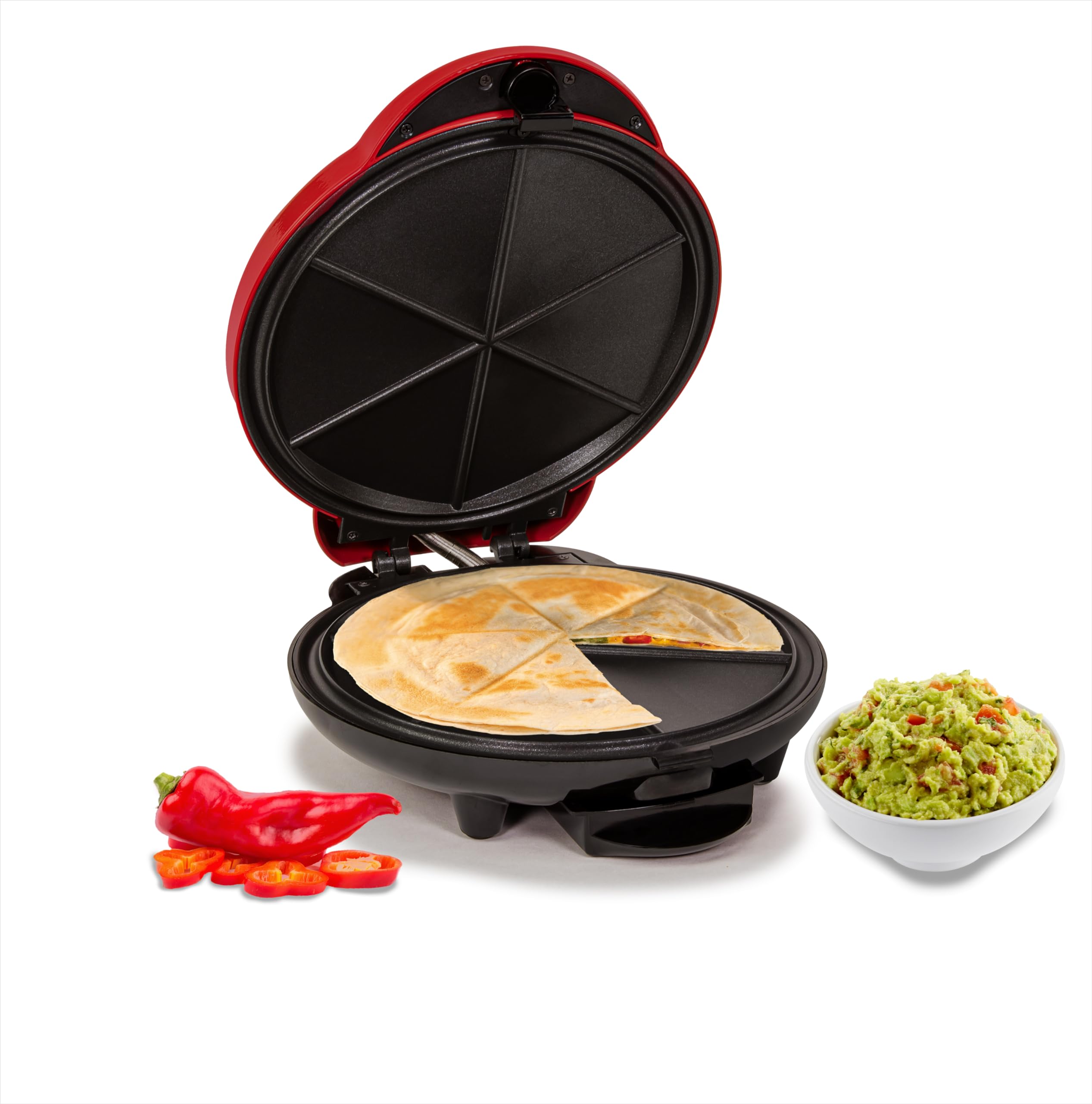 Nostalgia 6-Wedge Electric Quesadilla Maker with Extra Stuffing Latch - 8-Inch Red Non-Stick Surface for Perfect Mexican Snacks - Ideal for Parties, Family Gatherings & Quick Meals