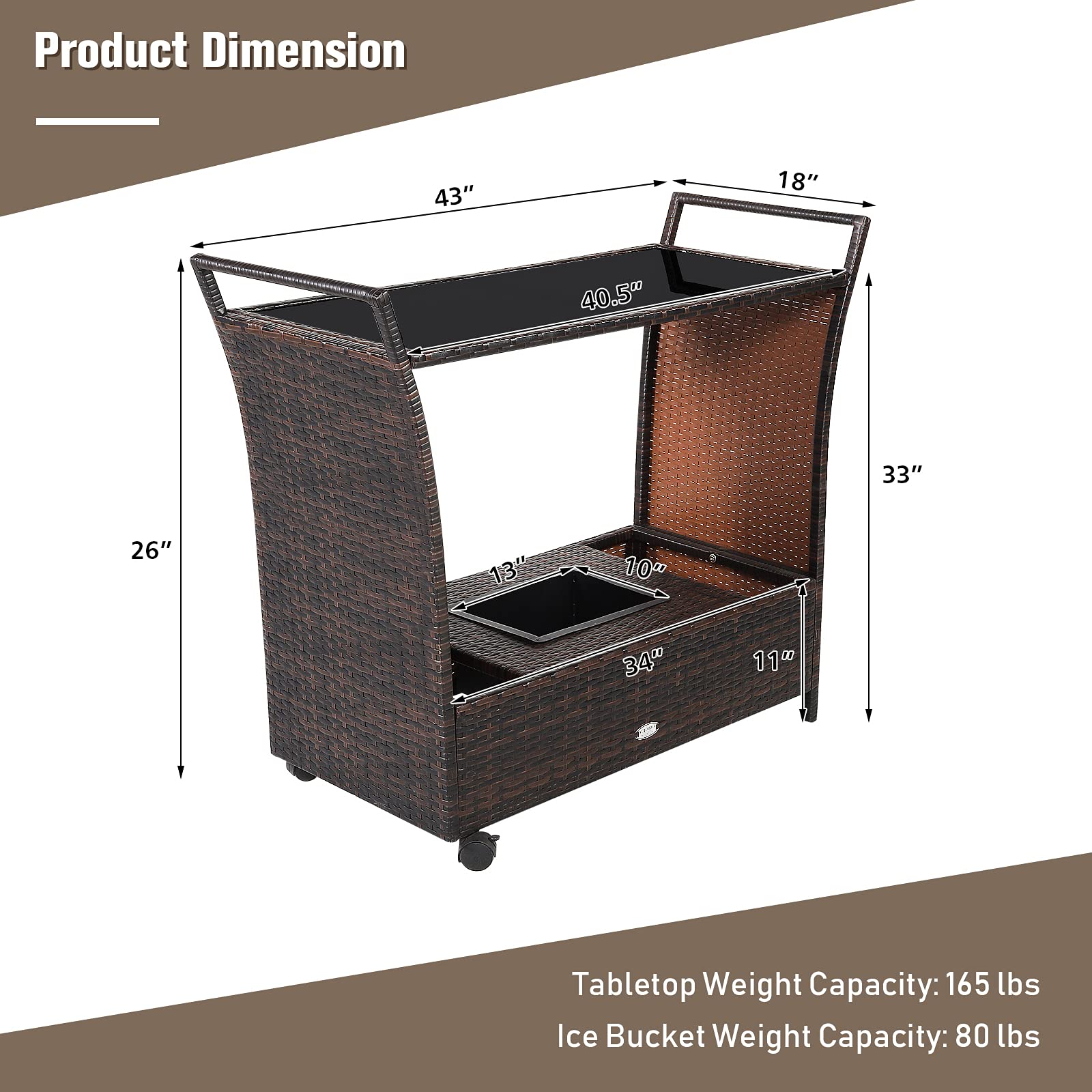RELAX4LIFE Outdoor Wicker Bar Cart with Removable Ice Bucket & Glass Top - Patio Serving Table with Wheels & Storage Compartments - Rattan Rolling Trolley for Pool, Backyard, Porch, Garden Parties & Outdoor Entertaining - Brown