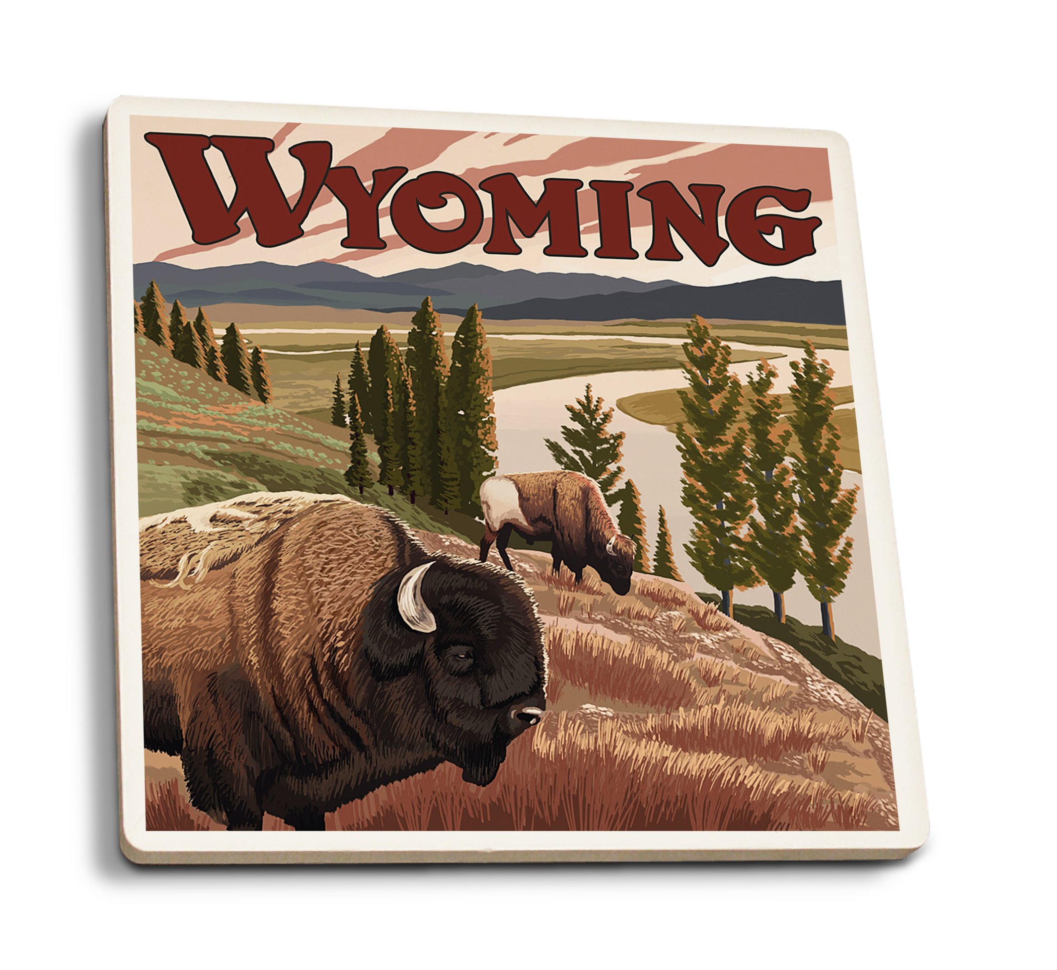Yellowstone River Bison Ceramic Coasters Set of 4 - Absorbent Cork Backed Coasters for Drinks - Perfect for Kitchen, Dining Table, and Home Decor - Wyoming Wildlife Theme Gift