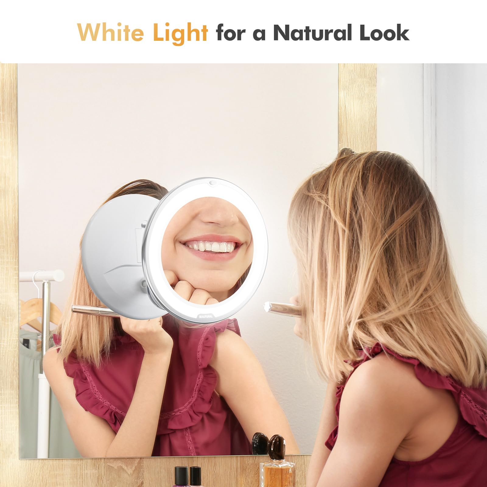 BEAUTURAL 10X LED Makeup Mirror with Suction Cup - 360° Rotation for Bathroom & Travel