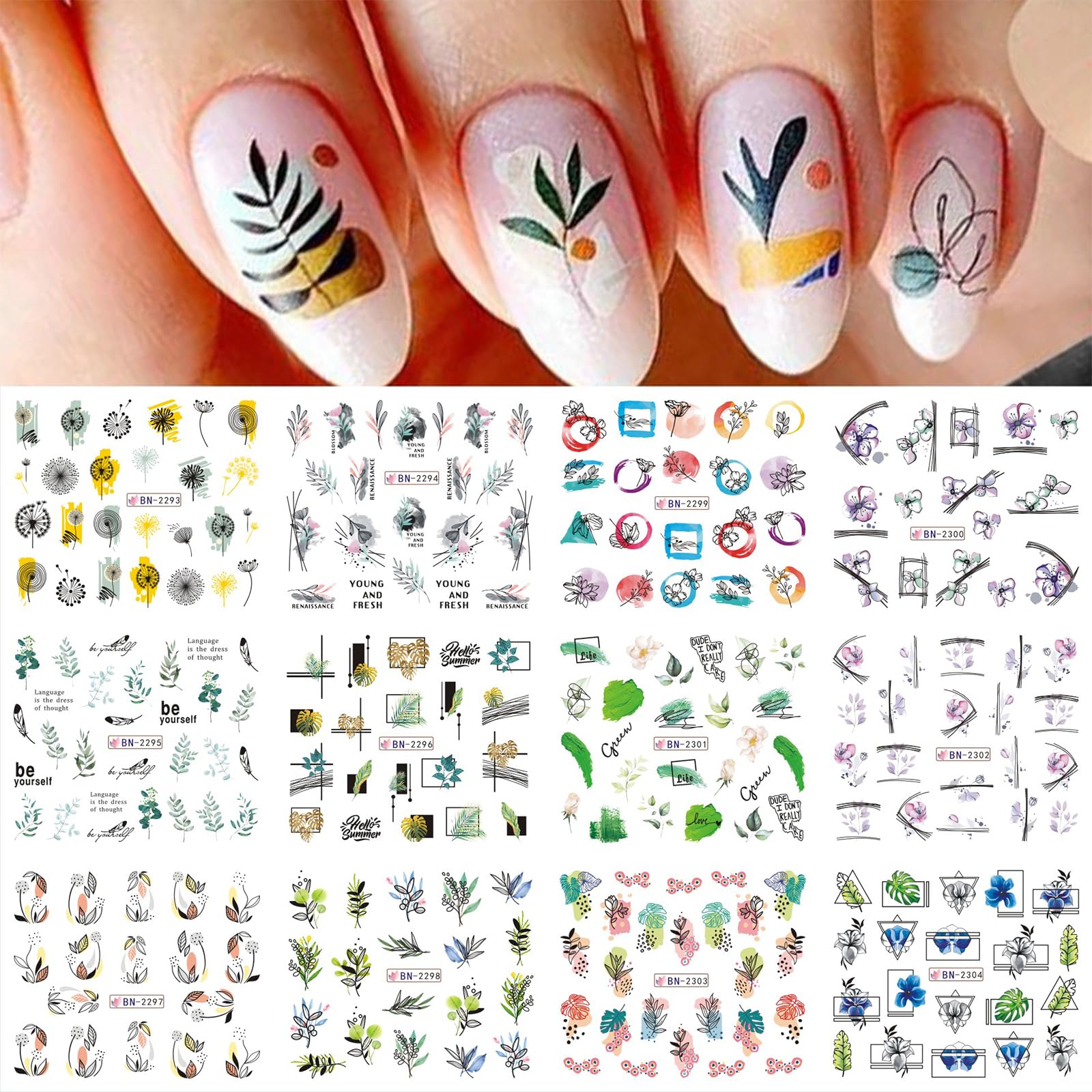 12 Sheets Flower Water Transfer Nail Decals - Assorted Blossom, Geometric & Leaf Designs for DIY Manicure | Watermark Nail Art Stickers for Women | Perfect for Parties, Weddings & Home Nail Care (28 Designs)